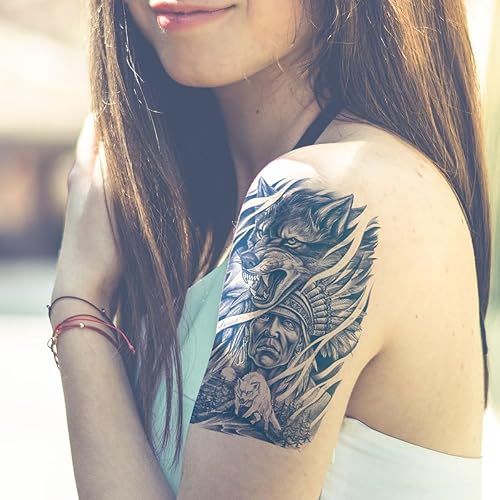2 Sheets Semi Permanent Waterproof Temporary Tattoos, Lasts 1-2 Weeks, Realistic Look, No Adhesive, No Reflection Adult Body Art Stickers, Roar Wolf Indian Skull Flower