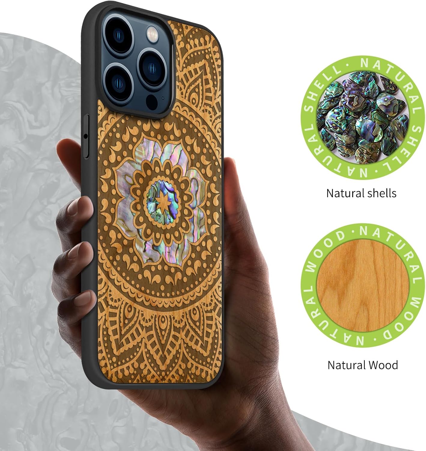 Carveit Wooden Case for iPhone 15 Pro Max Magnetic Case, Compatible with MagSafe Wireless Chargers, Shockproof Cover, Handmade Shell Inlaid & Wood Artisan Engraved (Mandala Pattern) Cherry
