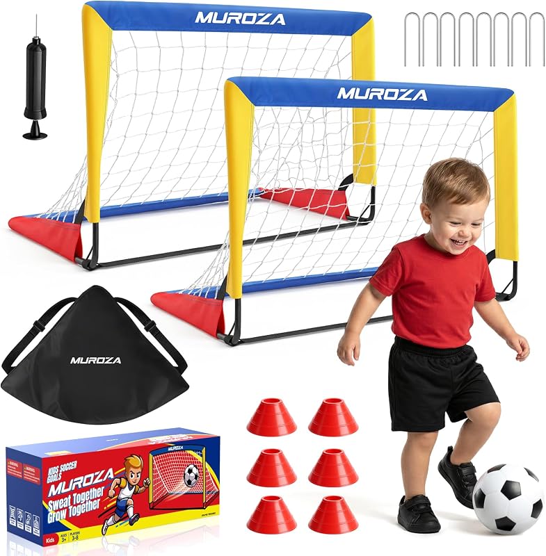 Portería de fútbol para niños, porterías de fútbol para juego de patio trasero | Paquete de 2 redes de fútbol emergentes portátiles de 2x1,5 pies con pelota y conos, juego de entrenamiento de fútbol para niños pequeños, juegos de interior y exterior