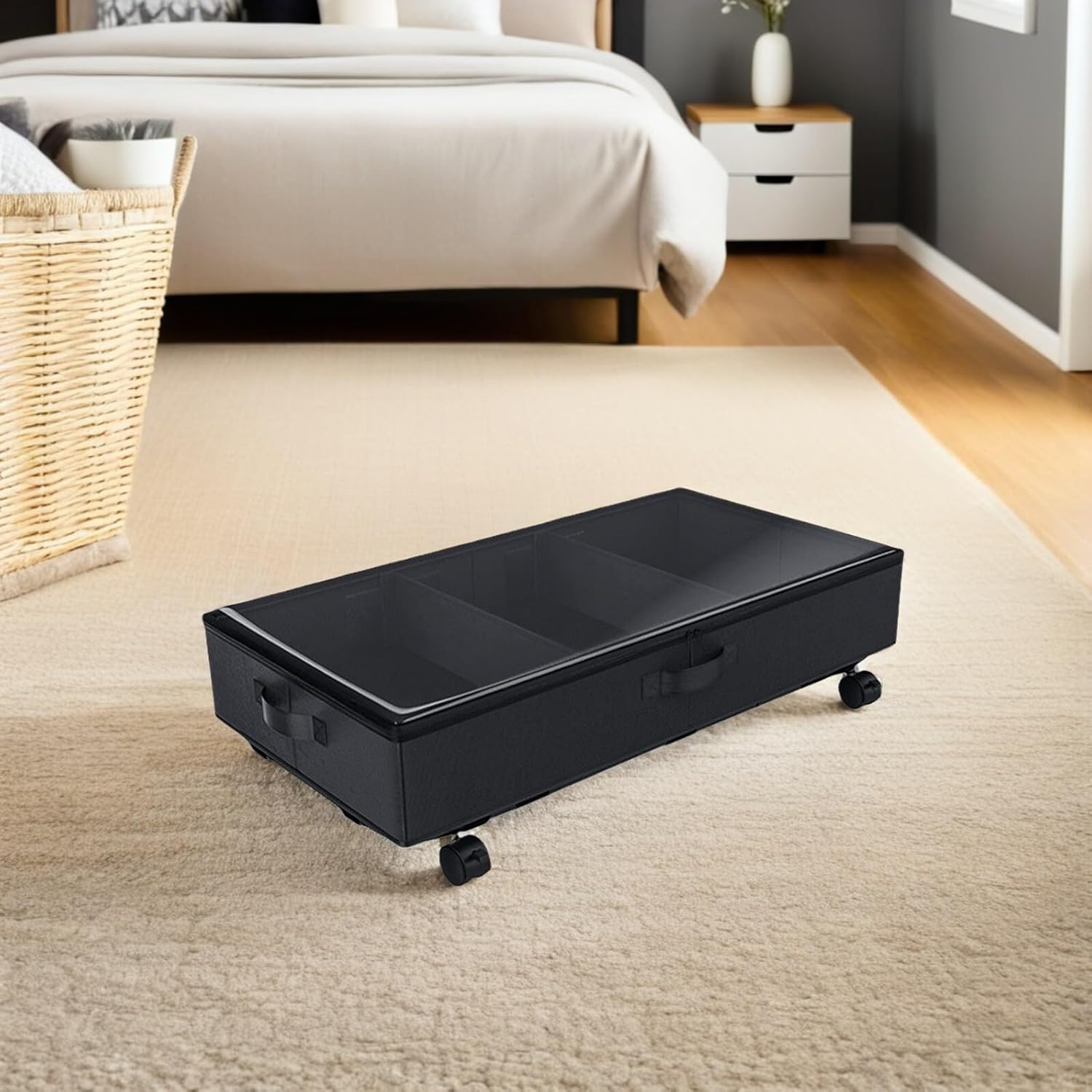 Bed Storage Box with Wheels Large Capacity 3-grid Oxford Cloth Clothes Organizer Dustproof Storage Bin for Clothing Bedding