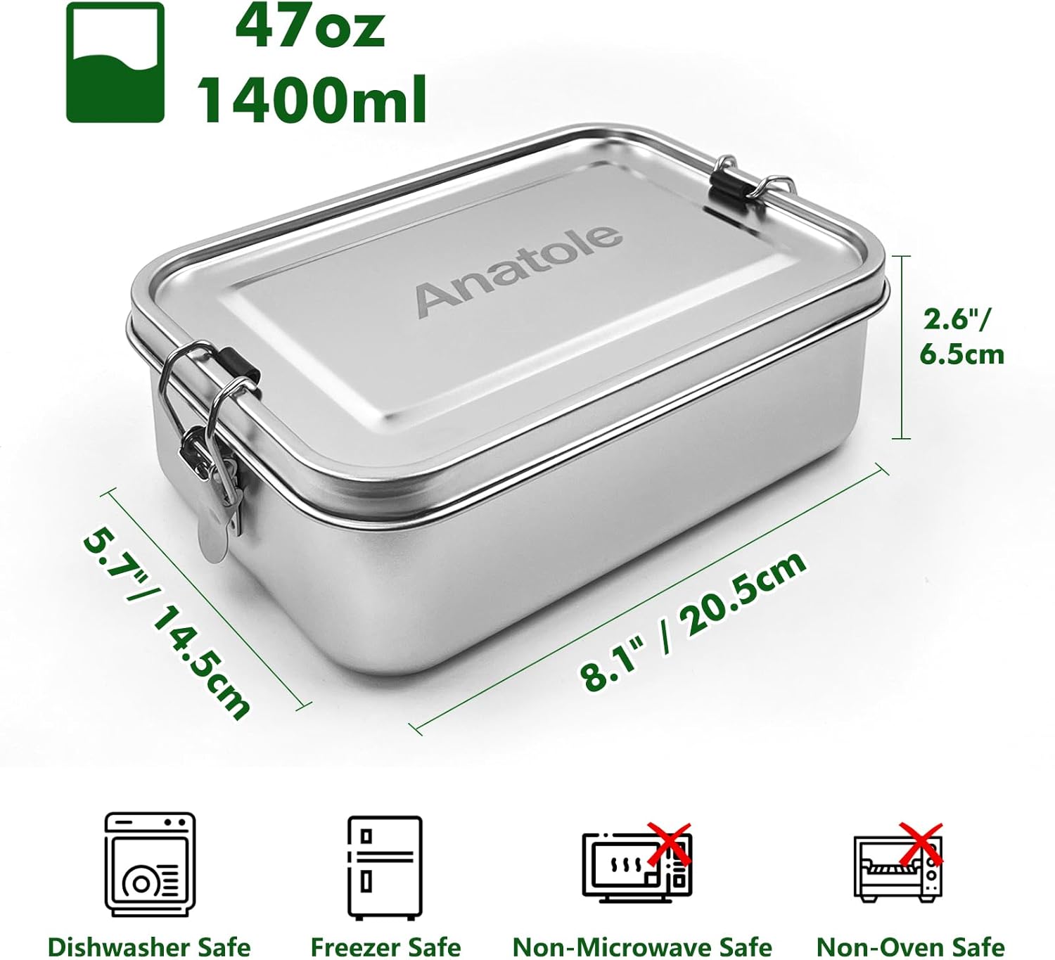 Anatole 304 Stainless Steel Bento Box 47oz 1400ml Leak-Proof Lunch Box with Removable Divider BPA Free Dishwasher Safe Food Container for Adults Office Camping Picnic Travel - Image 4