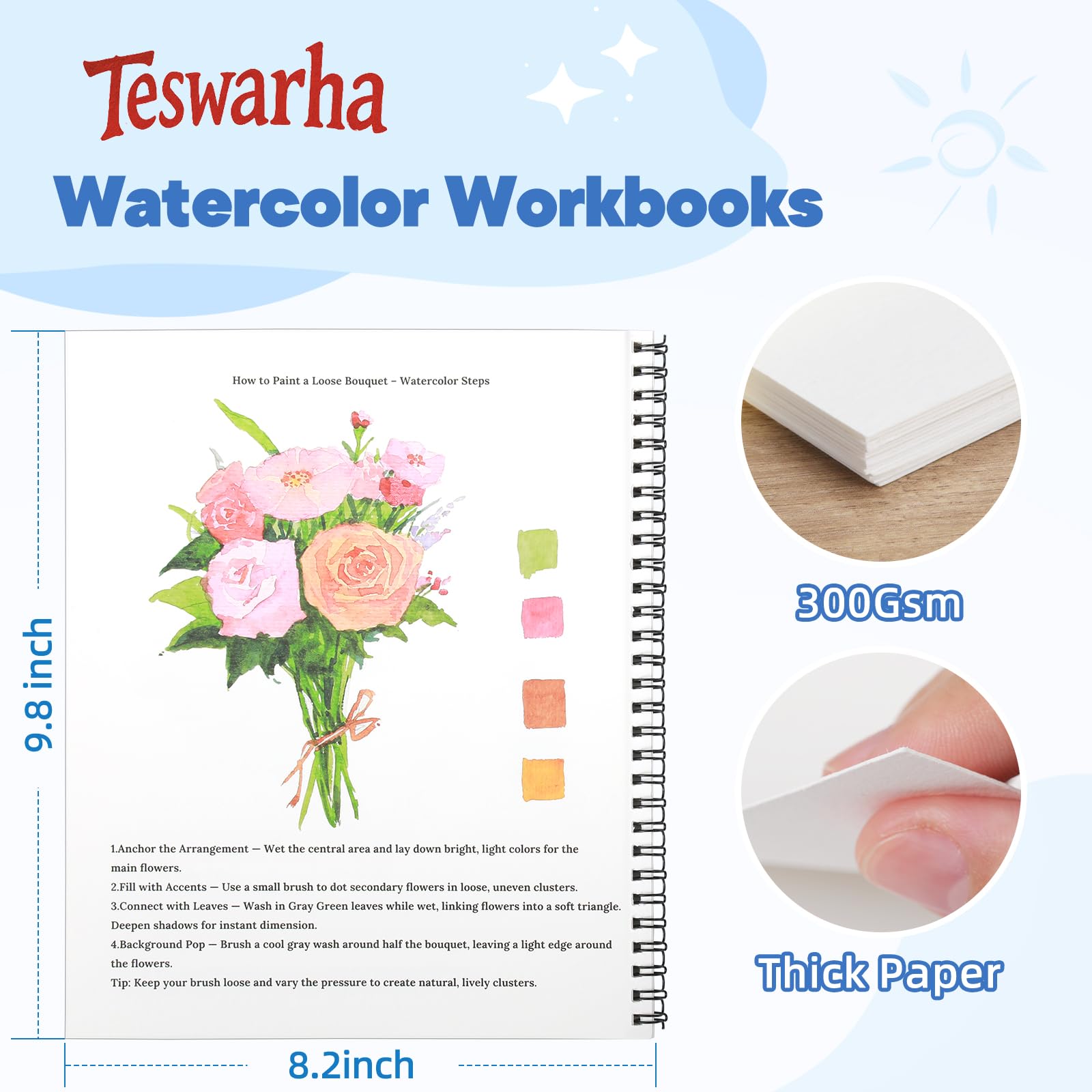 Teswarha Aquarell-Arbeitsbuch mit dickem echtem Baumwoll-Aquarellpapier für Erwachsene und Jugendliche, Spiralbindung, 300 g/m², Kunstpapier, 12 Blatt, Blumen, 20,8 x 24,9 cm