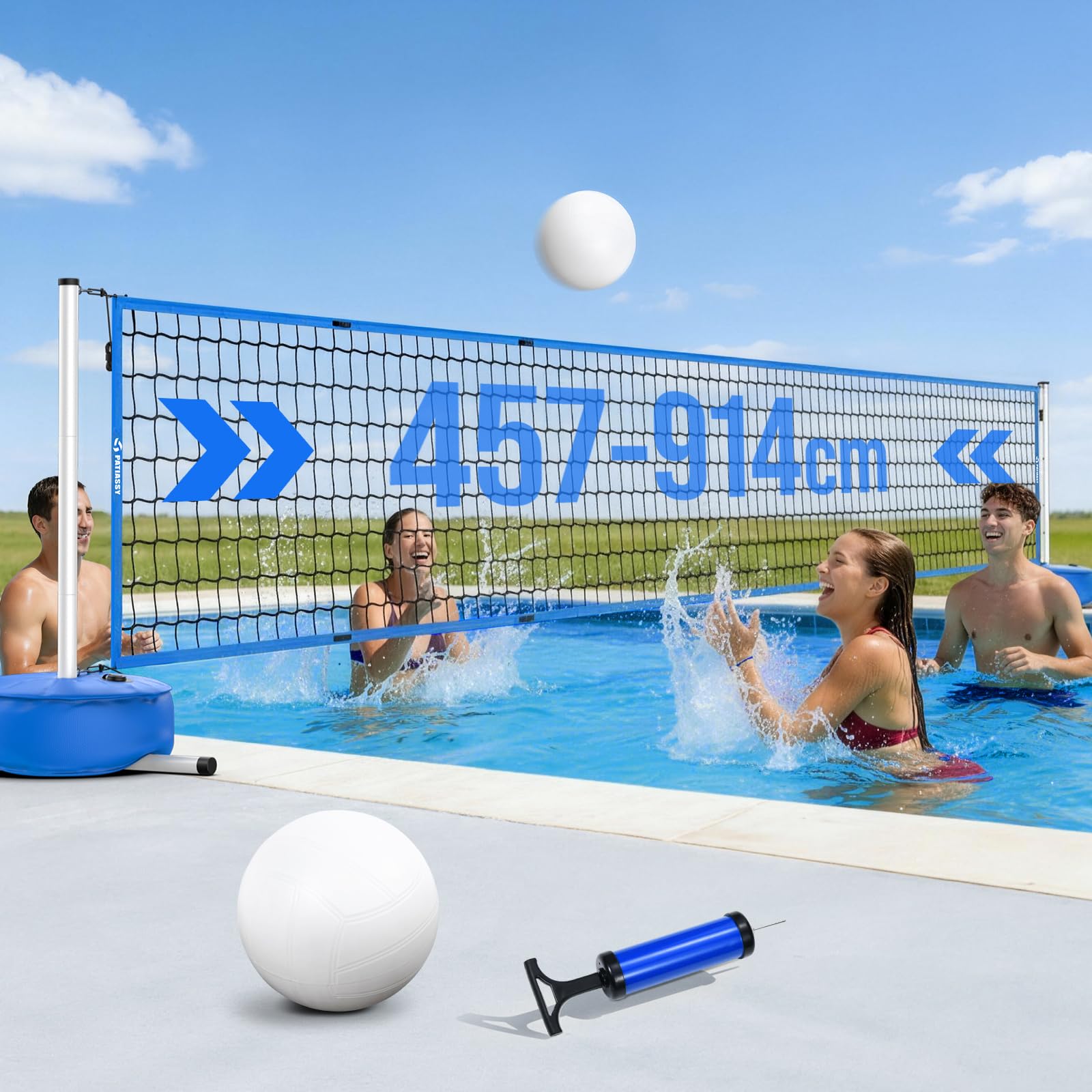 Pool Volleyball-Set, Tragbarer Volleyballnetz Verstellbar 4,5-9,1m mit Volleyball, Stabilem-Stangen Anti-Rost Beschichtung, 27L Wasserbeutel