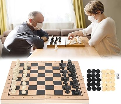 3 in 1 Wooden Chess/Checkers/Backgammon Set, Professional Portable Wooden Chess Set with Folding Chess Board Exquisite Interactive Wooden Chess Board Game for Adults Kids(S)