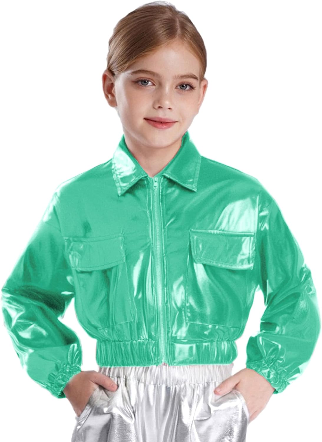 Girls Boys Shiny Hip Hop Jazz Dance Jacket Windproof Motorcycle Coat Bomber Jacket Disco Performance Dancewear