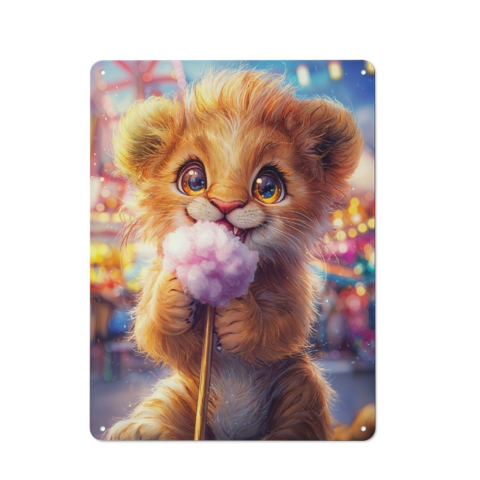 Junmoney Cute Lion Cub With Cotton Candy Tin Sign 40X30cm With For Café Or Home Bar, Rustic Decor, For Vintage Wall Decor Fans, For Metal Sign Collectors