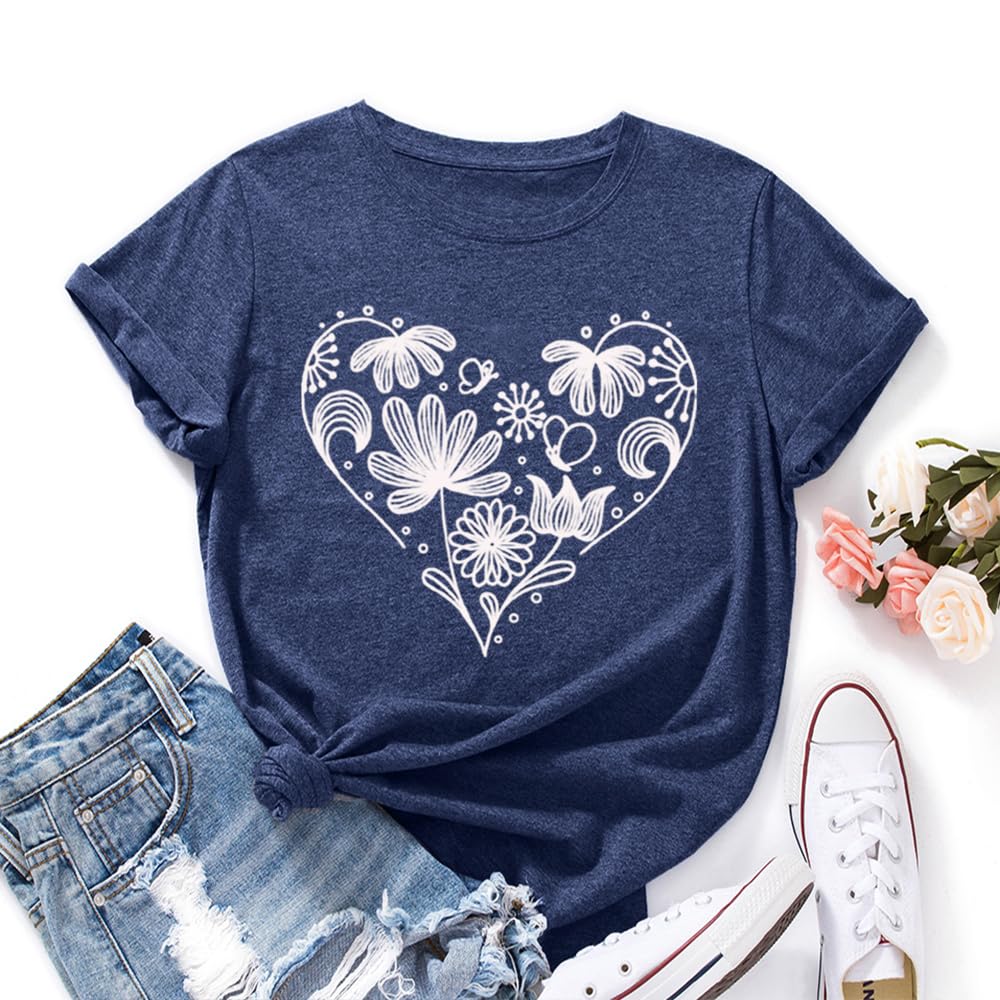 Womens Heart Print T Shirt Vintage Boho Tshirts Shirts Cute Sunflower Botanical Tees Trendy Summer Holiday Gardening Workout Tops, Dark Blue Medium