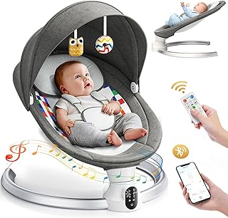 Baby Swing Chair,Electric Baby Bouncer Connected with mobile app,Baby Bouncer from Birth with 0–6 Months,5 Swing Amplitudes 3-Stage Timer,10 Music and Bluetooth,Newborn Bouncer grey