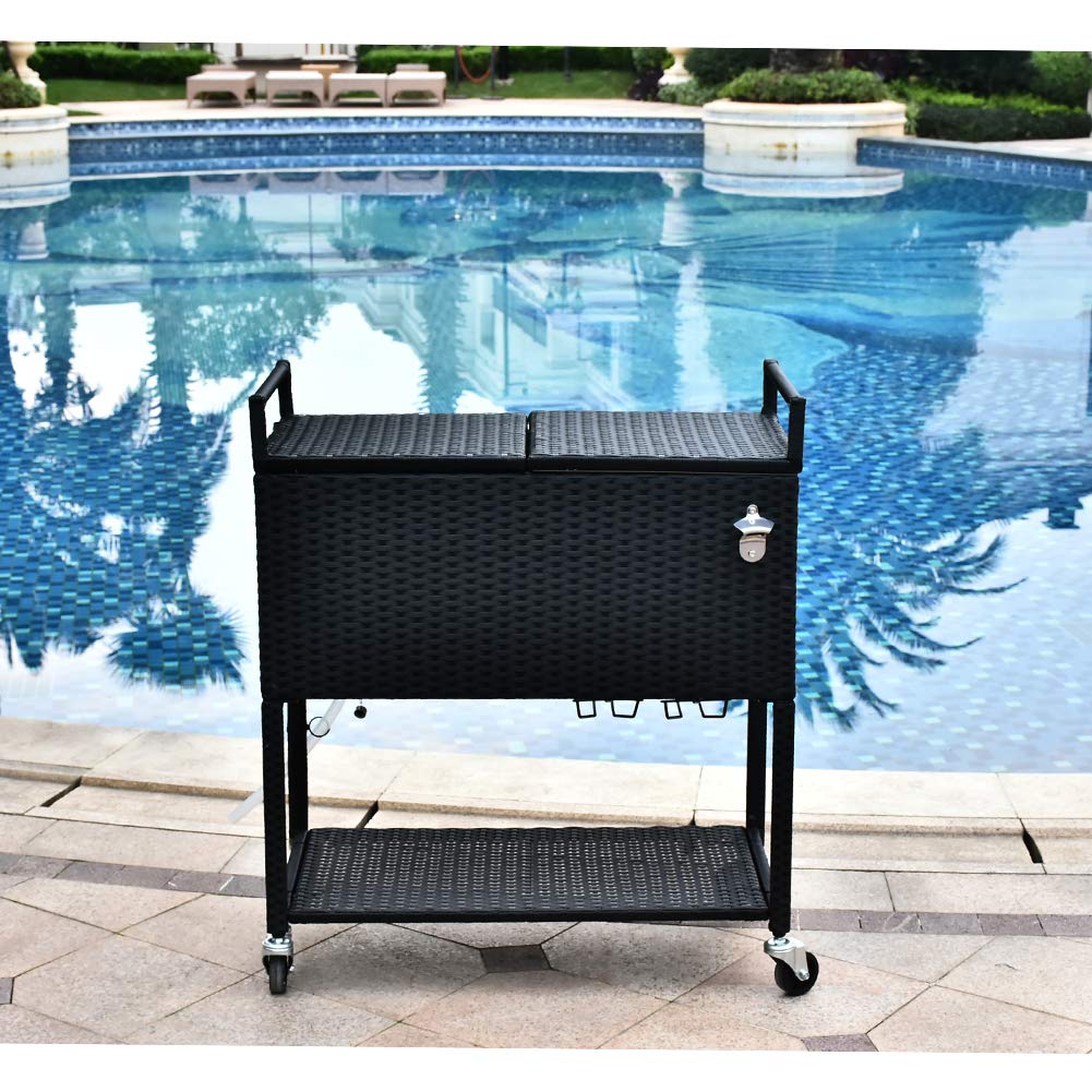 HOSFO 80 Quart Outdoor Rolling Patio Cooler Cart on Wheels, Portable Wicker Ice Chest, Rattan Beverage Bar for Patio Deck Party, Drink Cooler Cart with Bottle Opener, Cutting Board, Cover (Black)