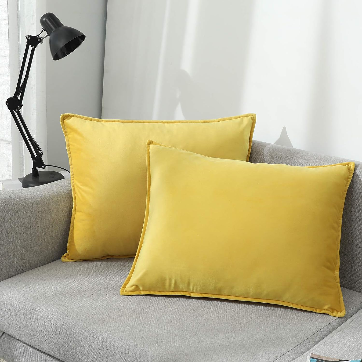Colorxy Velvet Queen/King Pillow Cases, Soild Soft Pillow Shams, Decorative Throw Pillow Covers, 20x36 inch, Set of 2, Lemon Yellow