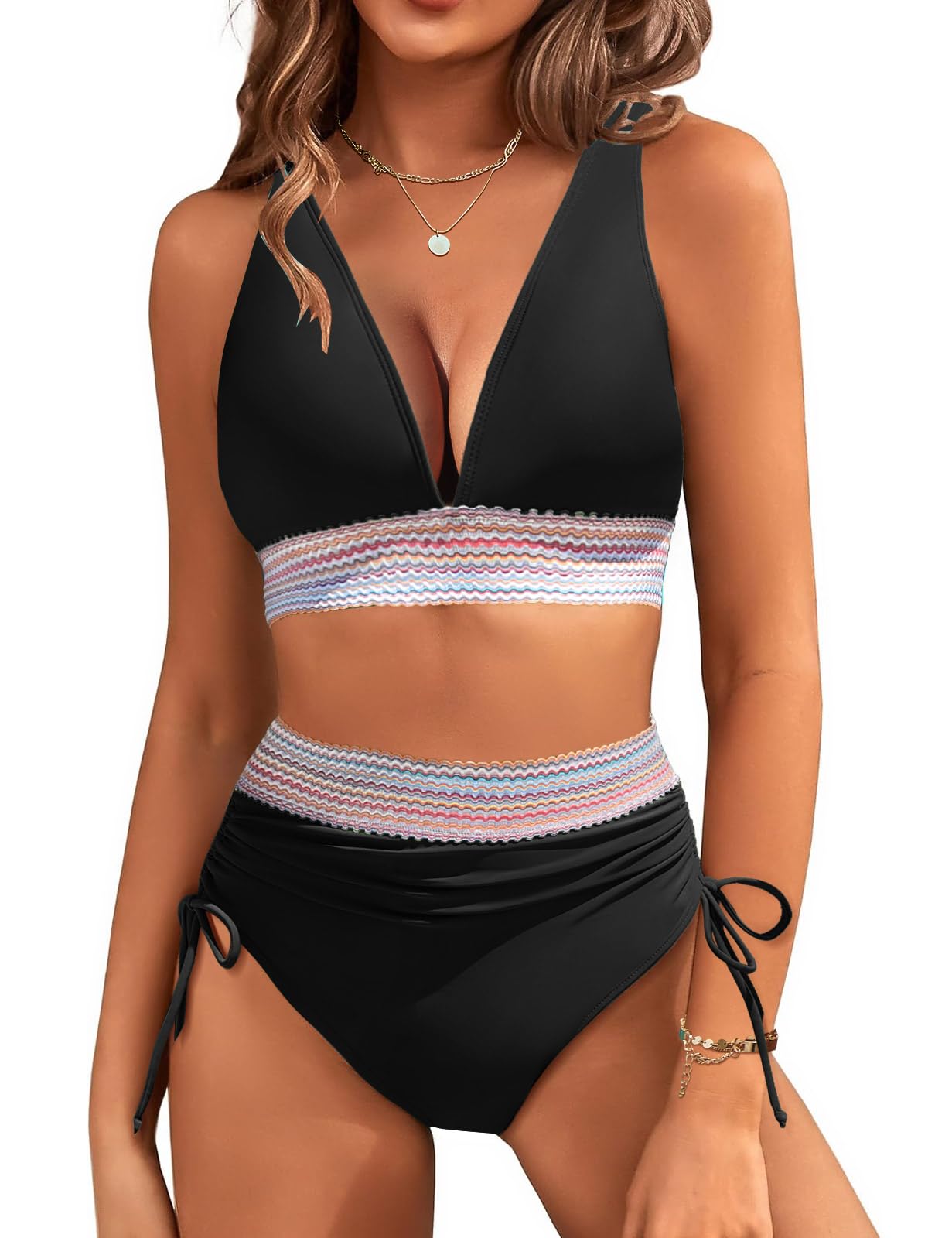 RITOSTA Bikinis Mujer Push Up Bañador Reductor Bikini Braga Alta Brasileño Trajes de Baño de Dos Piezas Bañadores Tallas Grandes Cuello en V Top con Relleno y Braguitas con Cordón