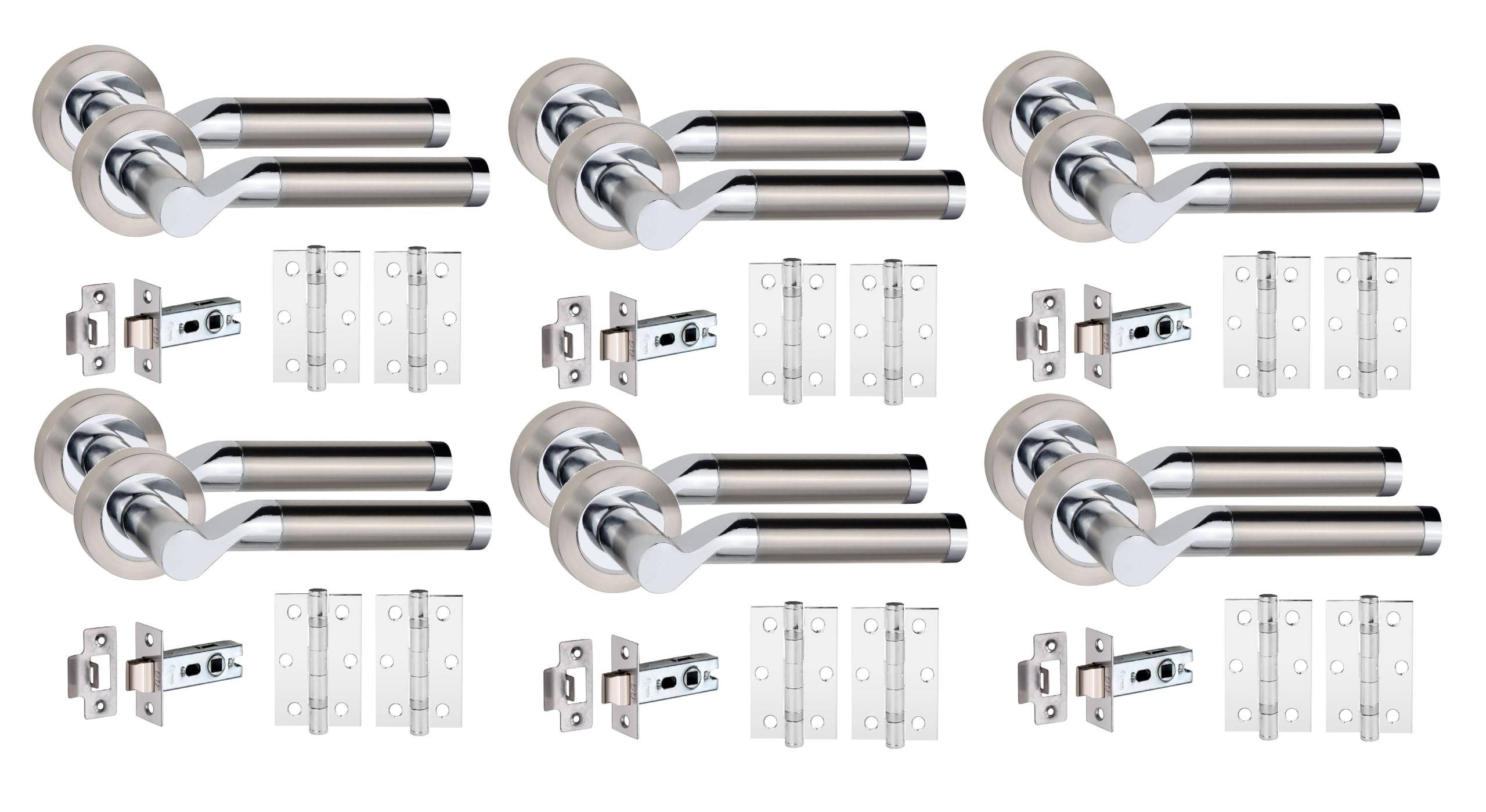 Golden Grace 6 Sets of Titan Style Modern Chrome Door Handles on Rose with Duo Finish Door Lever Latch Pack with Ball Bearing Hinges Hinges and Latches
