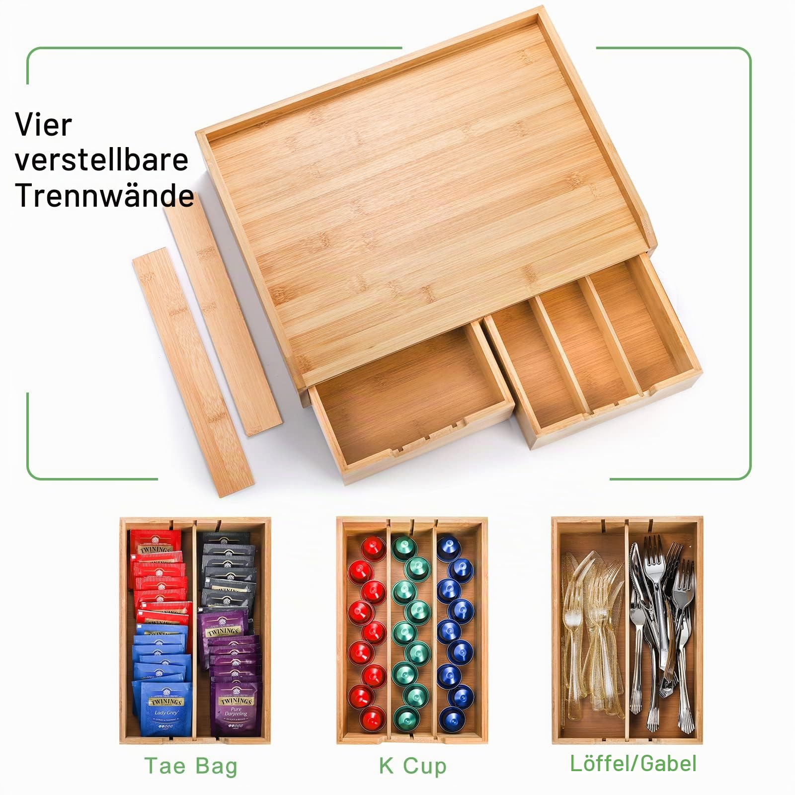SOUJOY Bambus Schublade Organizer für Kaffeekapseln und Tasse K rper, Tee-Organizer mit Schublade und Seitenbox