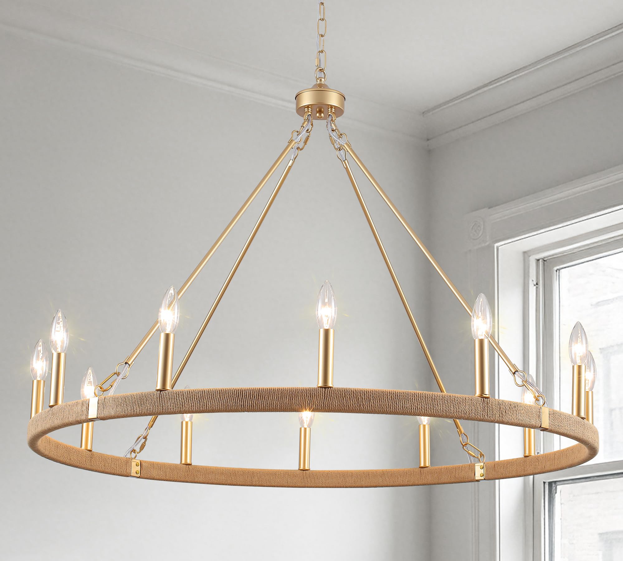 Photo 1 of YLCHYTDZSW 38" Gold Rattan Wagon Wheel Chandelier