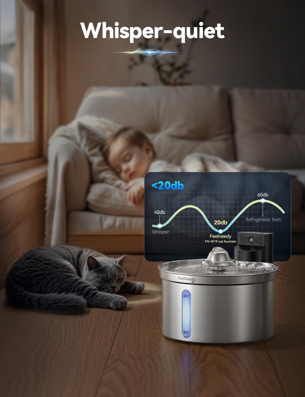 Fuente de Agua para Gatos Inalámbrica Inteligente con Sensor FEELNEEDY FN-W19 3.5L, Separación Agua-Batería 4000mAh, Bebederoen Acero Inoxidable 304, 3 Modos, 1 Filtro de Carbón Activado