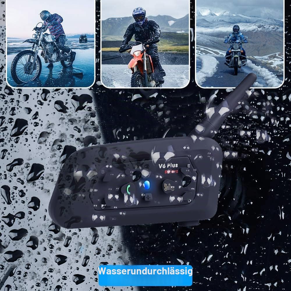 QSPORTPEAK V6 Plus Motorrad Intercom Bluetooth Headsets, 1200M bis zu 6 Fahrer Motorradhelm Interphone Gegensprechanlage Kommunikationssysteme, GPS, Freisprechen, Bluetooth 5.1, 2 Stück