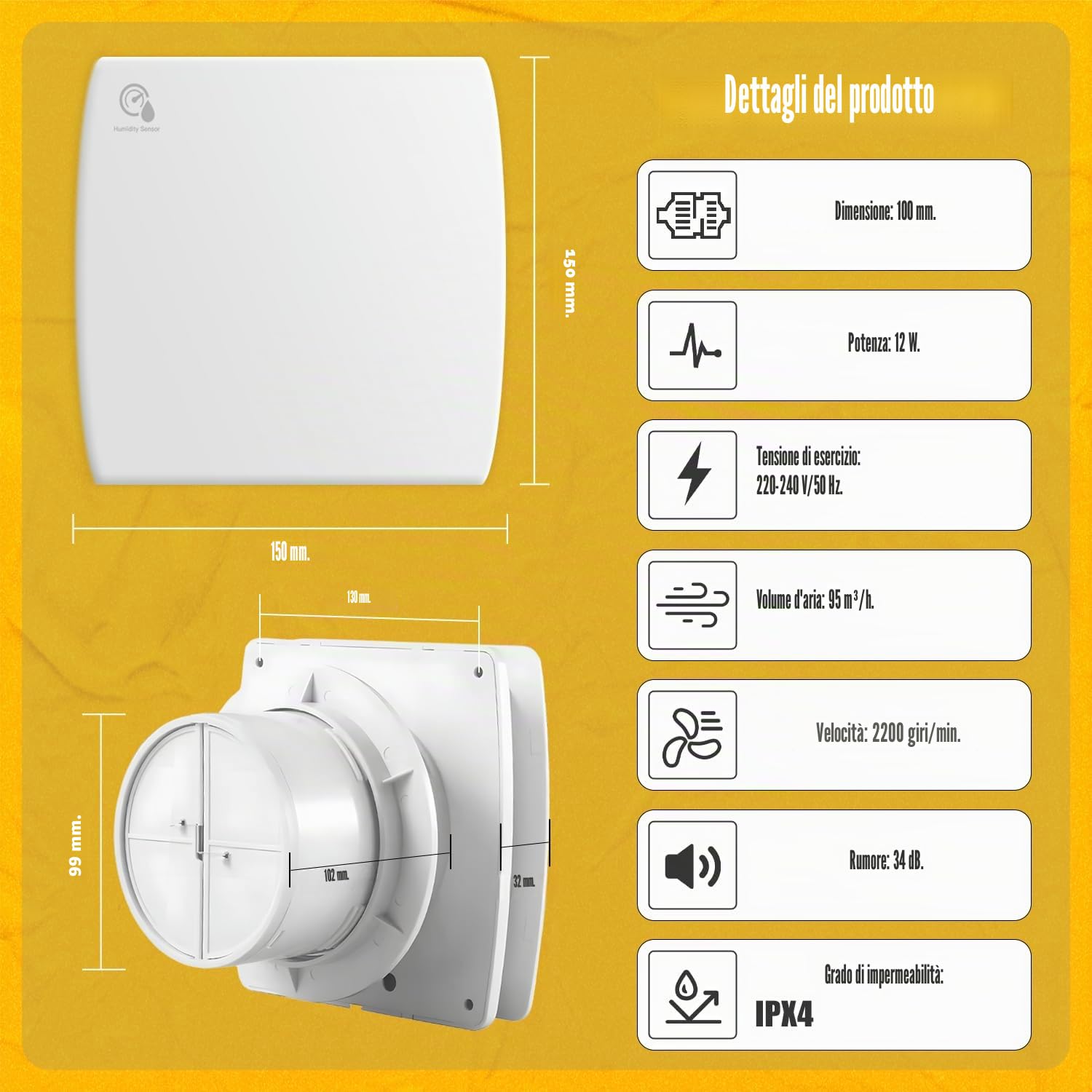 Aspiratore da bagno 100 mm con Sensore di Umidità e Dispositivo di Ritardo, 12W 95 m³/h Ventilatore da bagno con Valvola di Ritorno per Bagno Wc Cucina