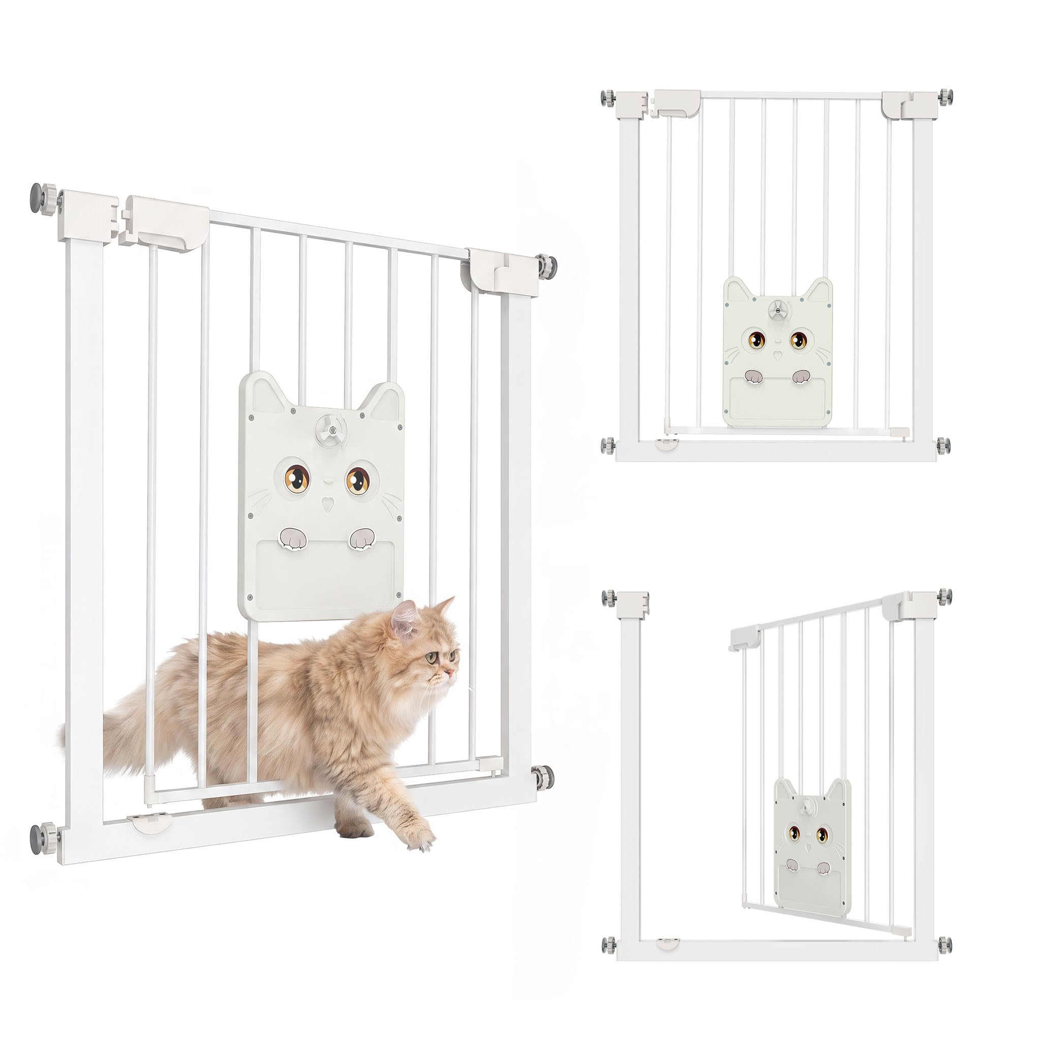 UISEBRT Türschutzgitter Treppengitter ohne Bohren mit großer Katzenklappe, 76cm Hoch 75-85cm Erweiterbar bis 115cm, 180° beidseitig öffnen Autoclose Doppelschloss Metall Absperrgitter