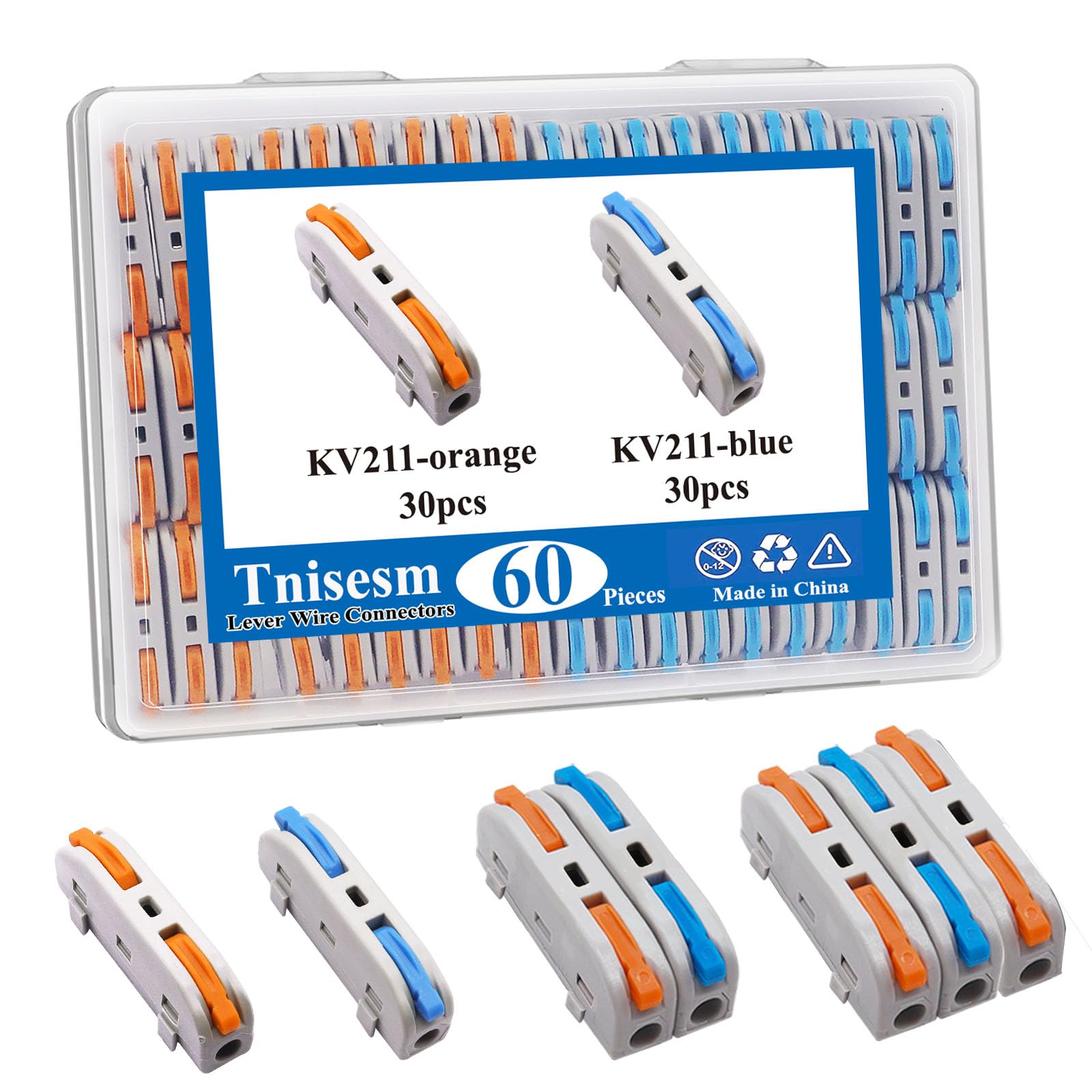 Tnisesm 60PCS Lever Wire Connectors AWG28-12, Quick Connect Electrical Splicing Kit for Compact Inline Terminals 1 in 1 Out