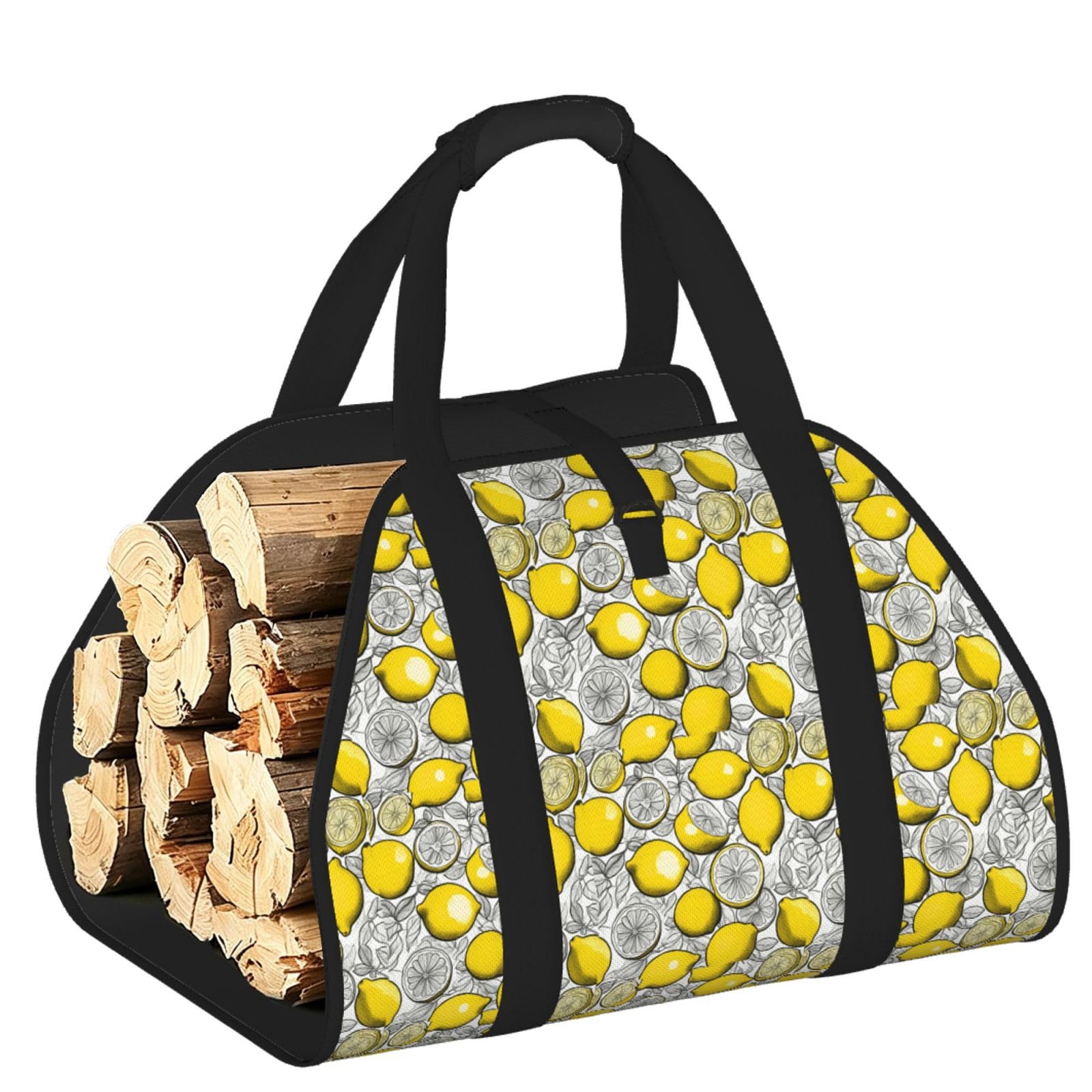 Ayyqwe Black Lemon Fruit Pattern Print Firewood Bag Wood Waterproof Versatile Camping Picnic Storage Daily Home