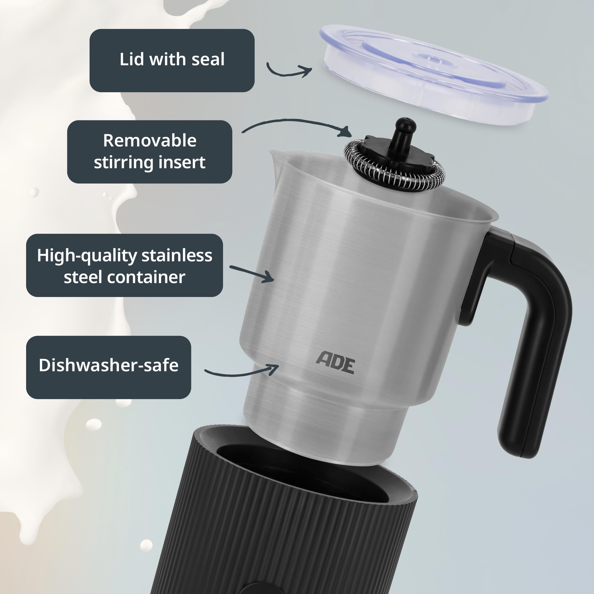 ADE Elektryczny Spieniacz do Mleka 4w1 | do ciepłej i zimnej pianki mlecznej + podgrzewacz mleka | do cappuccino, latte macchiato, mrożonej kawy, kakao | 300 ml | 500 W
