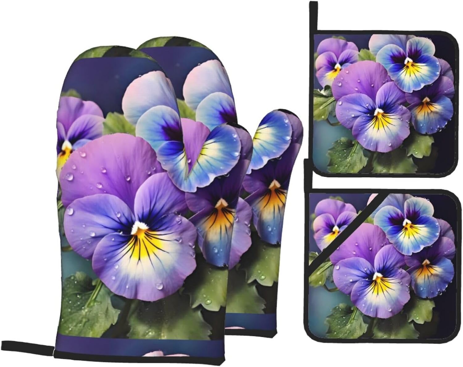 (Pansy Perfection) Baking 4-Piece Set: 2 Oven Mitts and 2 Pot Holders Heat Resistant Waterproof Hanging Loop for Kitchen Oven Grill Housewarming Gifts