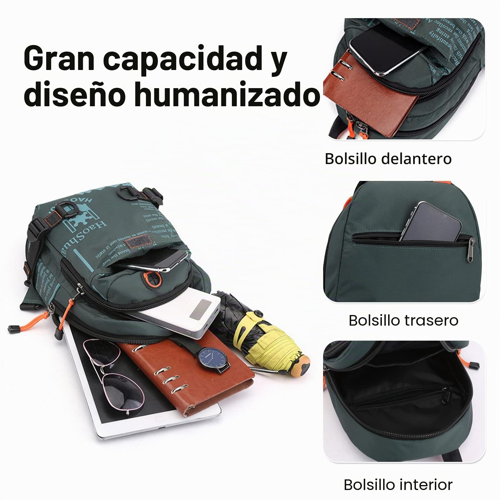 FANDARE Bolsa de Pecho Bolsos Cruzados Mochila Bolsa de Escuela Bolso Hombro Mujer Bolsos Bandolera Cruzada Sling Bag Viaje con Orificio para Auriculares & Correa de Hombro desmontableNegro