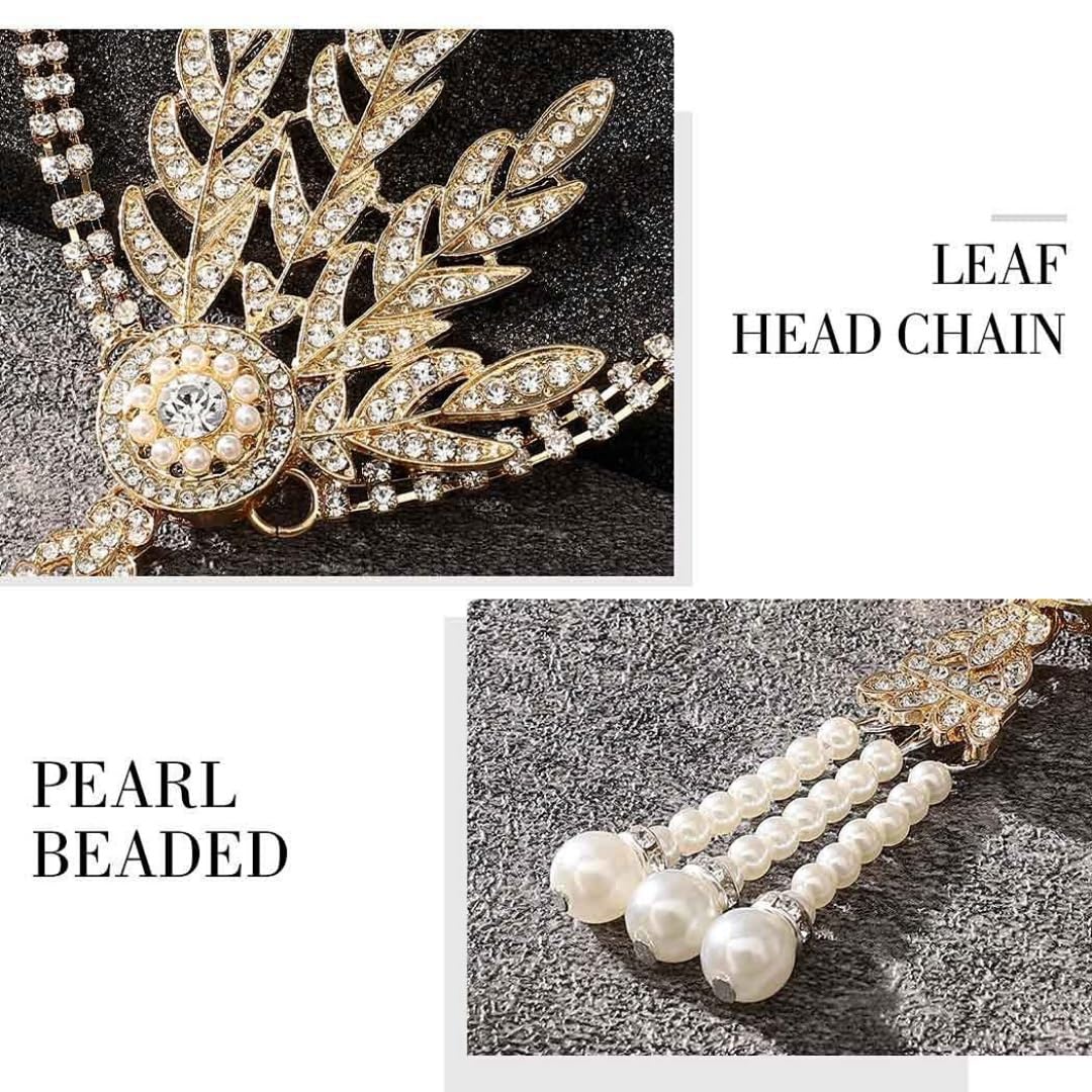 1920s Headband Flapper Headpiece Great Gatsby Accessories Women Gatsby Headband Gold Leaves Headpiece Girls Vintage Themed Party Costume Roaring Fascinator Flapper Girl Hat Pearl Tassel - Image 4