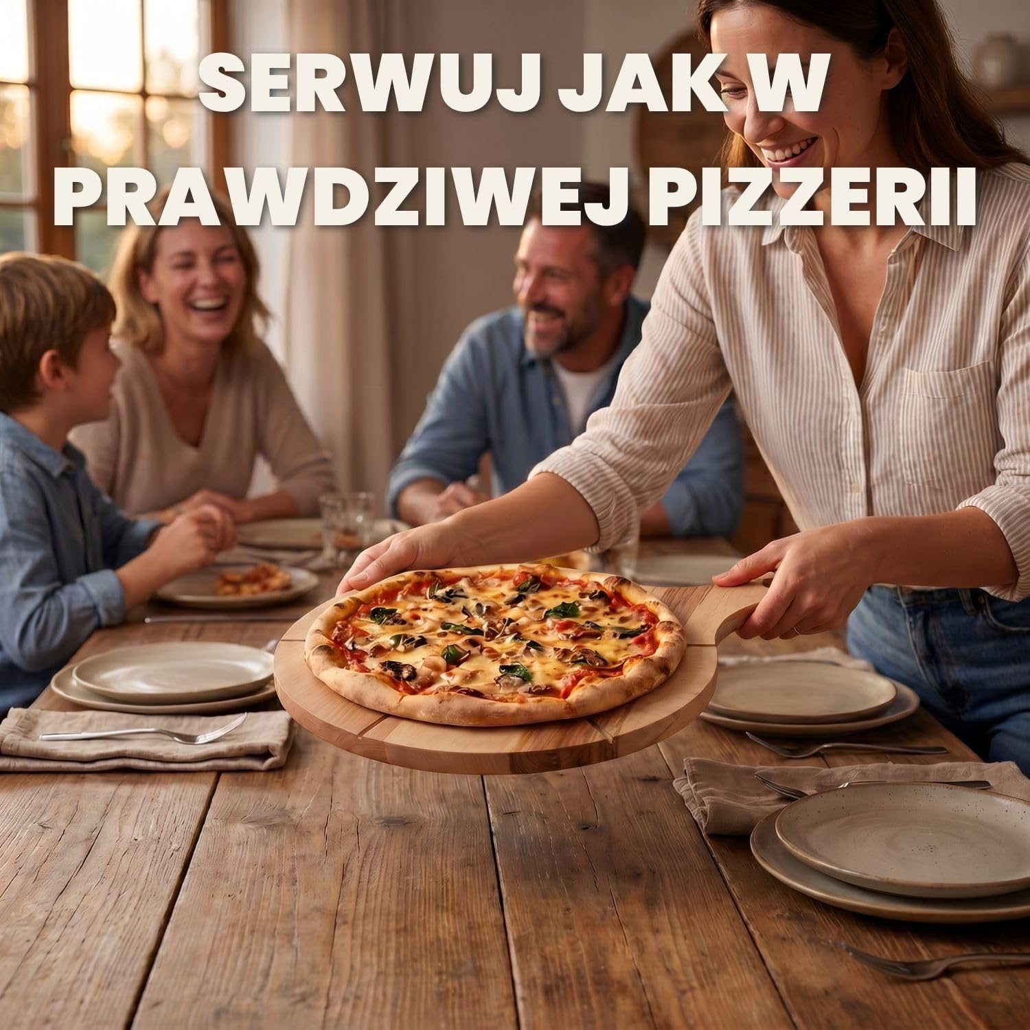 2 drewniane talerze do pizzy z litego drewna bukowego z uchwytami 33 cm | 33 cm, Lite drewno, Wygodne serwowanie, Zestaw 2 sztuk, Idealne do kuchni i ogrodu, Praktyczne uchwyty