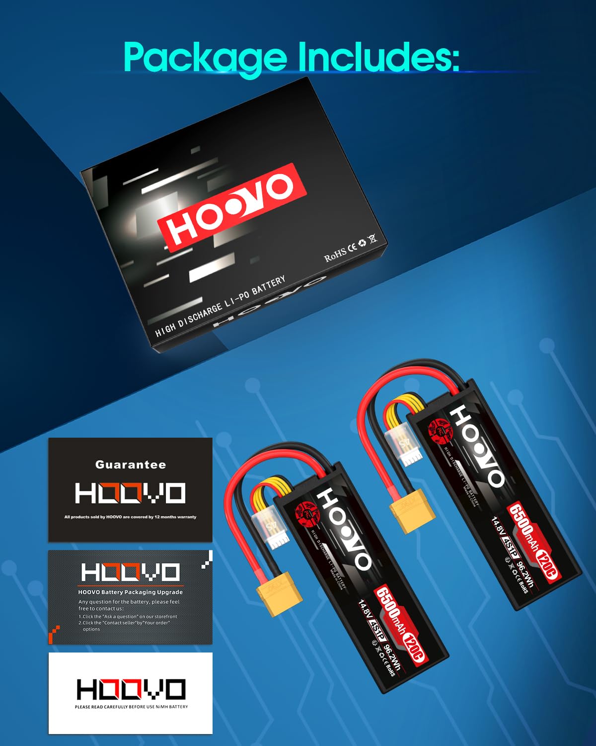 HOOVO 4S Lipo Akku 14,8V 6500mAh 120C RC Battery Hardcase mit XT90 Stecker für RC Buggy Truggy Crawler Monster Car Boat Racing Drone UAV Drohne FPV Hobby(2 Stück)