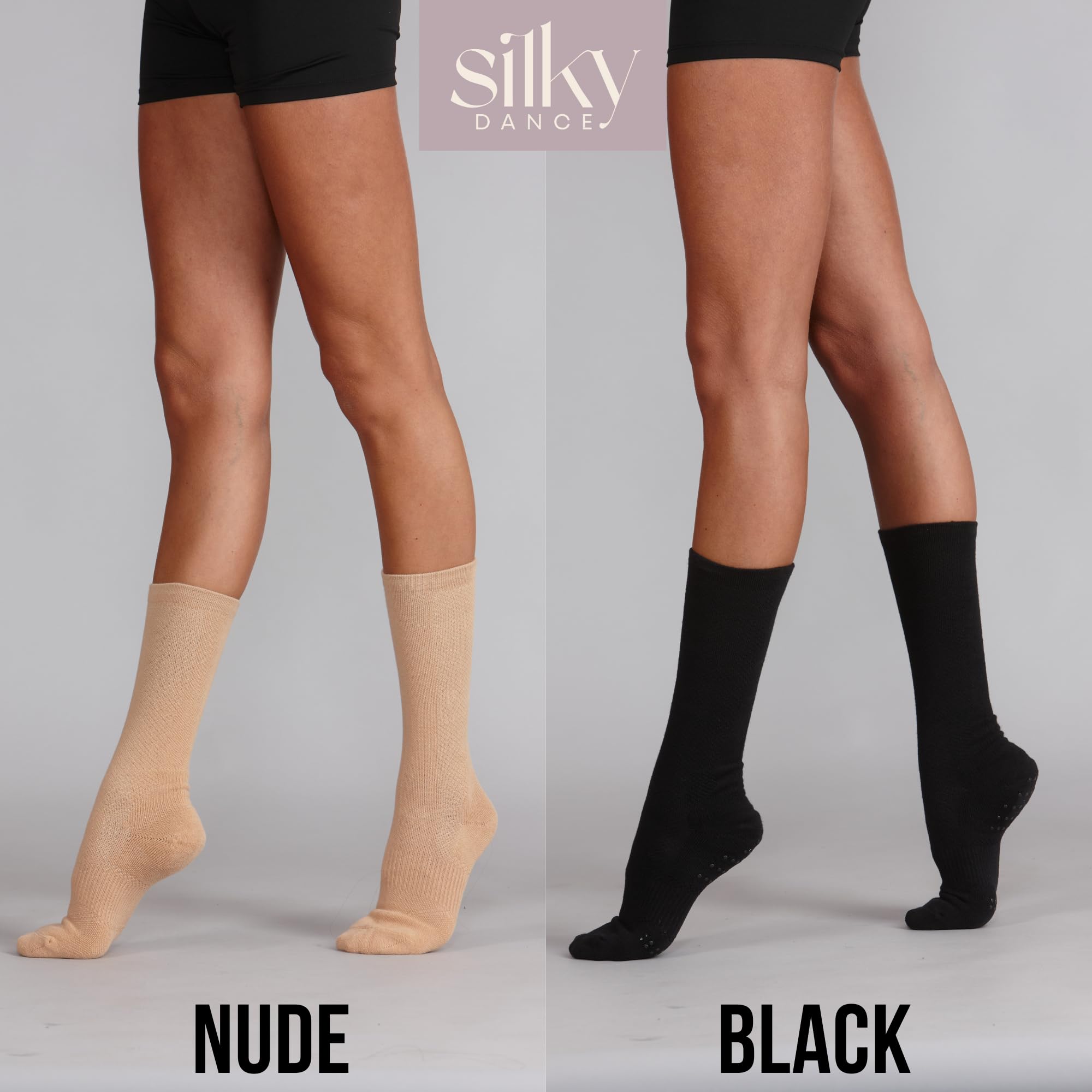 Chaussettes de danse avec poignées tournantes en silicone et point de rotation – Chaussettes de danse contemporaines plates pour filles et femmes en nude et noir