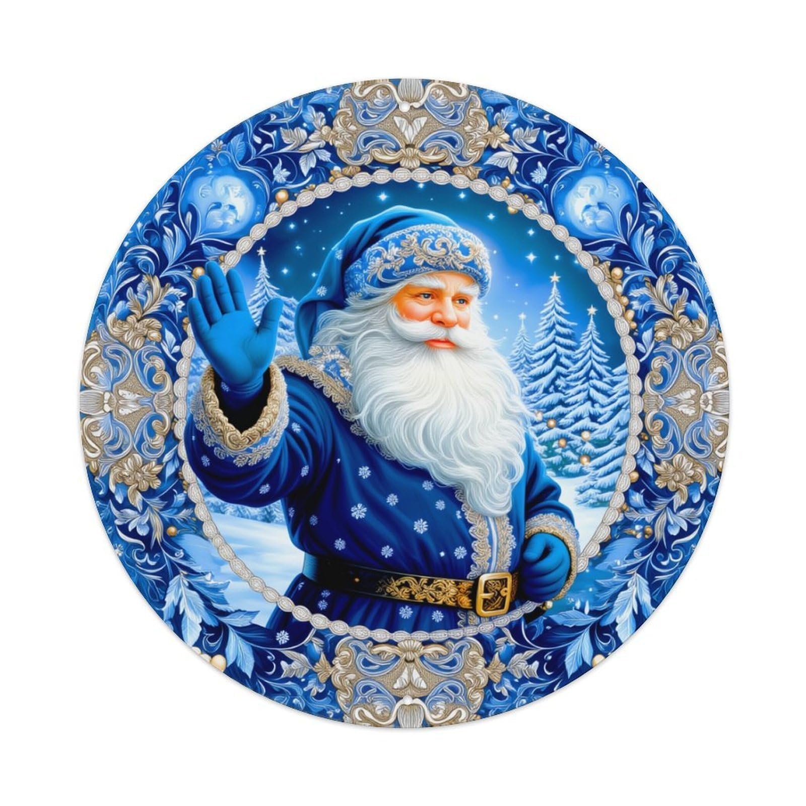 Blue Santa Winter Snowflake Pattern Round Tin Sign Retro Metal Sign for Cafe Bar Pub Home Game Room Gym Club Wall Decoration Vintage Metal Poster 8x8 Inch