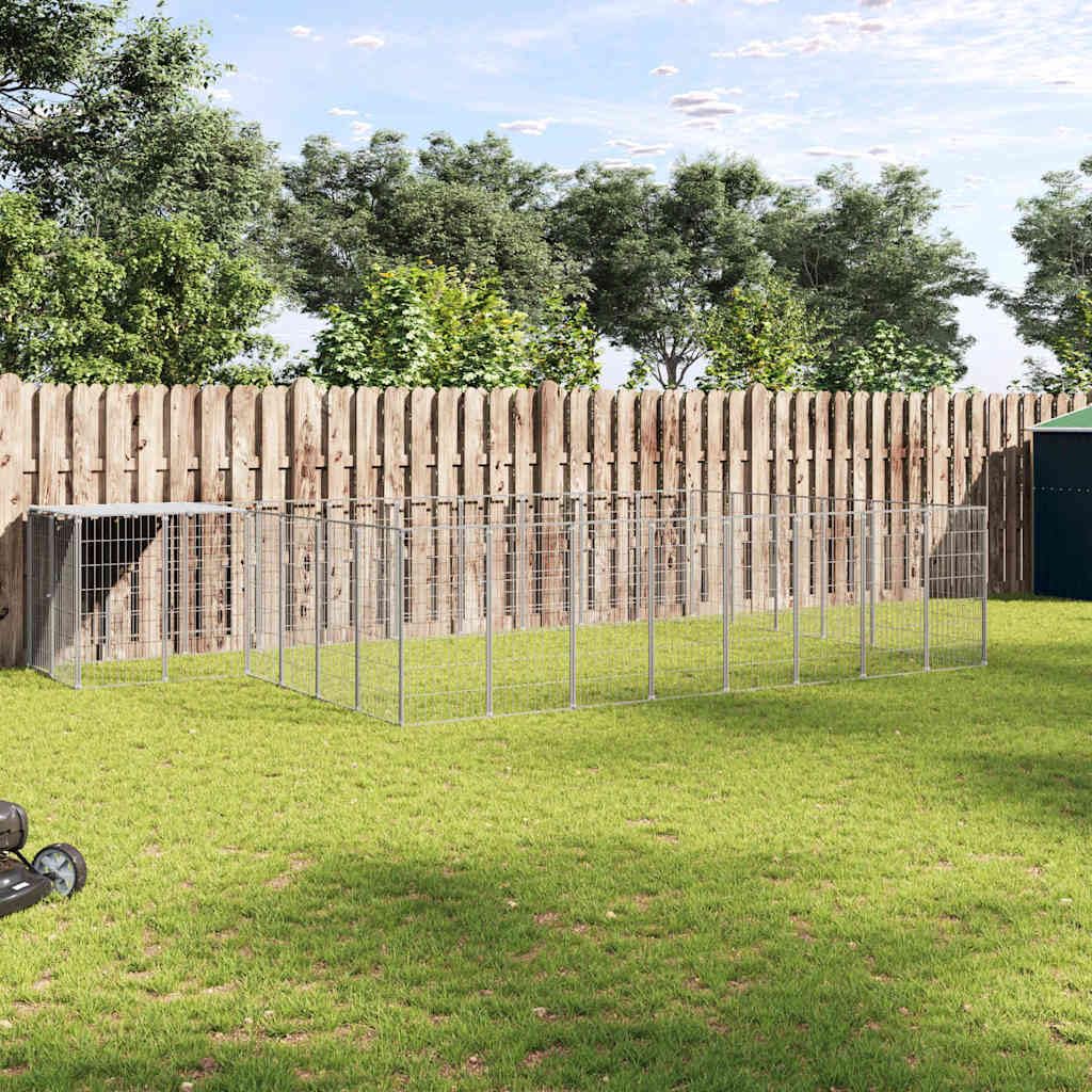 Buda dla psów, srebrna, 15,73 m², stal malowana proszkowo, wybieg dla szczeniaków ze składanym wózkiem z kratki, bezpieczny kojec do ogrodu, na taras, do wnętrz, zadaszenie odporne na warunki