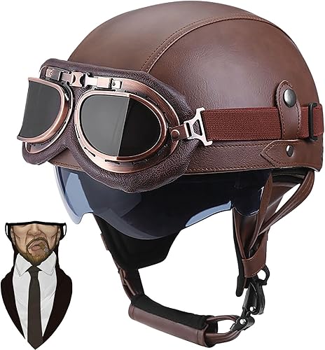 Casco de motocicleta retro alemán de cuero de estilo medio casco de media cara,aprobado por DOT Casco de motocicleta Vintage de cara abierta, con