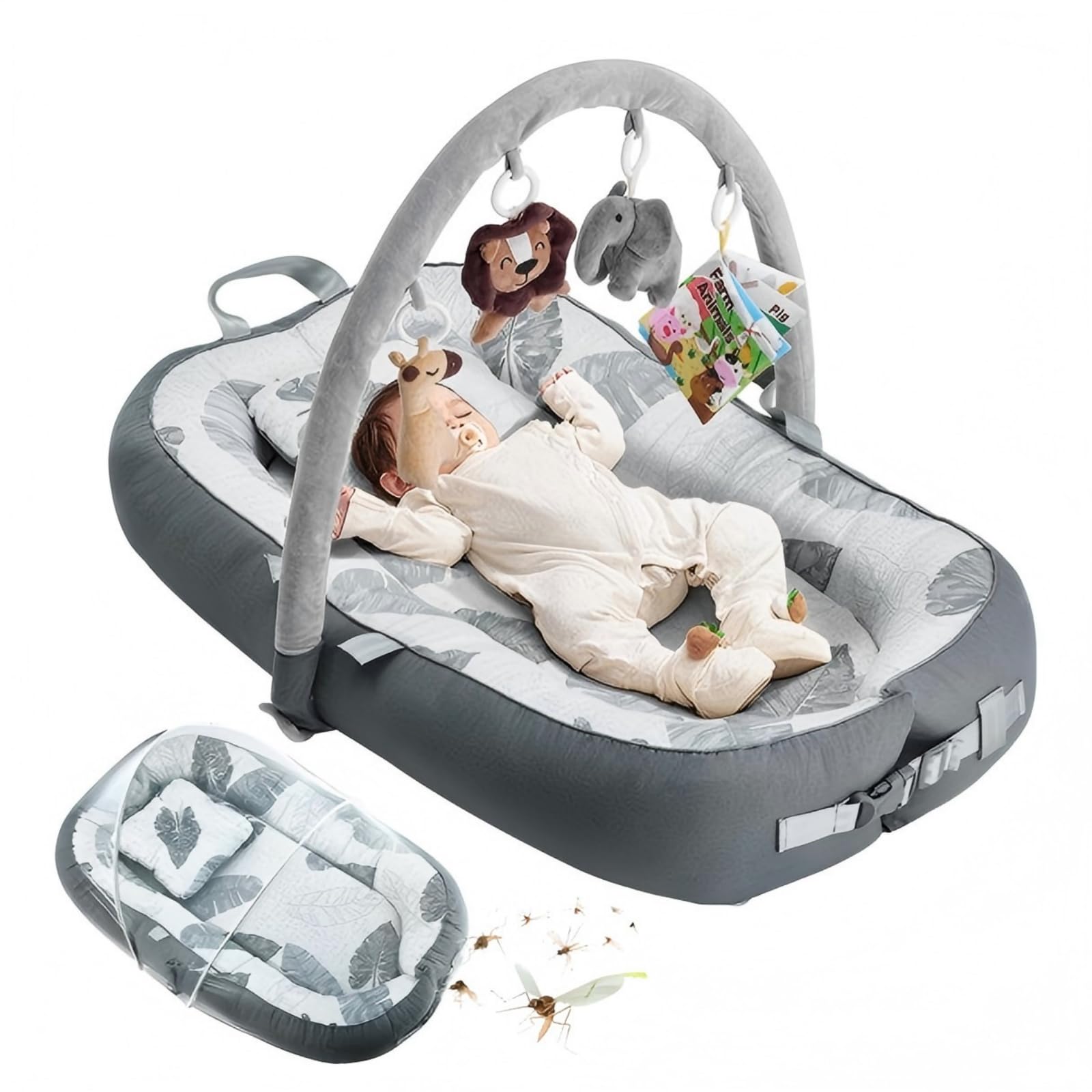 Babynest-Set mit Spielzeug, beaufsichtigter Baby-Schlafschale, weich und atmungsaktiv, 100 % Baumwolle, Schlafkopf-Baby, 76 cm x 53 cm, für 0–9 Monate. Unverzichtbares Geschenk für Neugeborene.