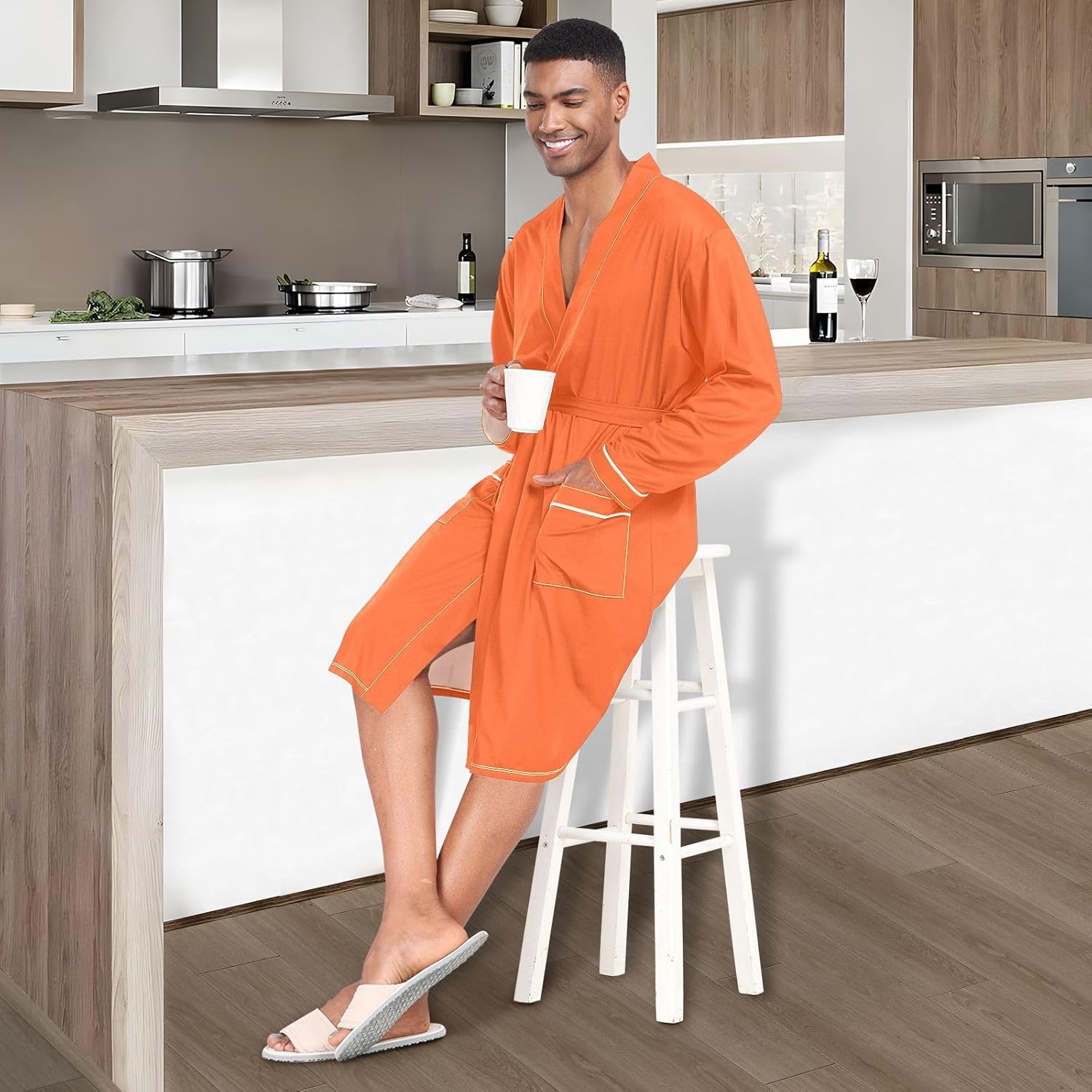 STAYTOP Pure Plain Orange Men's Nightshirt,Soft Kimono Bathrobe Men Long Sleeve Mens Sleepwear