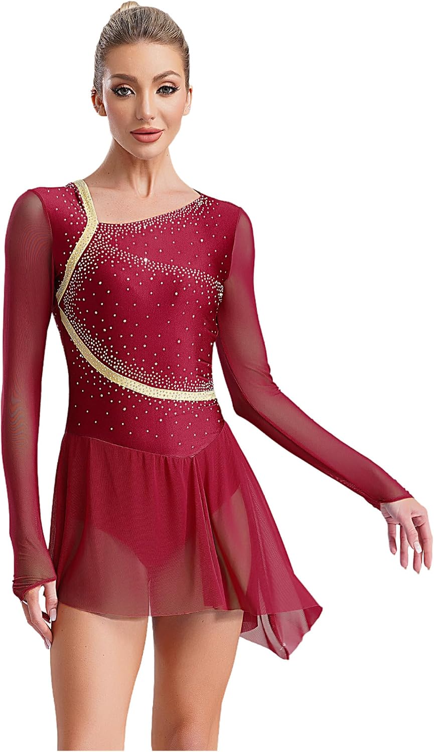 Women's Lyrical Contemporary Dance Costume Rhinestone Long Sleeve Figure Ice Skating Dress