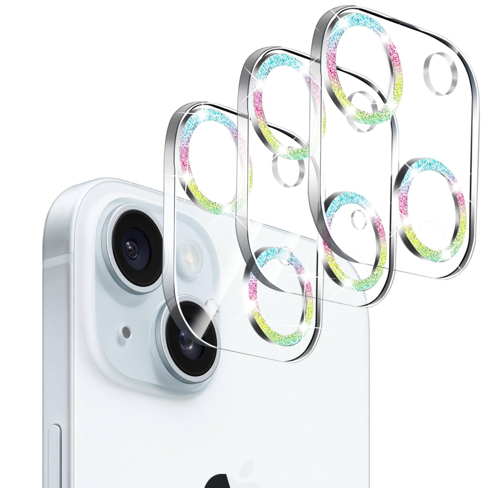 Dengduoduo 3 Pack Tempered Glass Camera Lens Protector for iPhone 15 6.1" & for iPhone 15 Plus 6.7", Bling Glitter, Ultra HD, 9H Hardness,