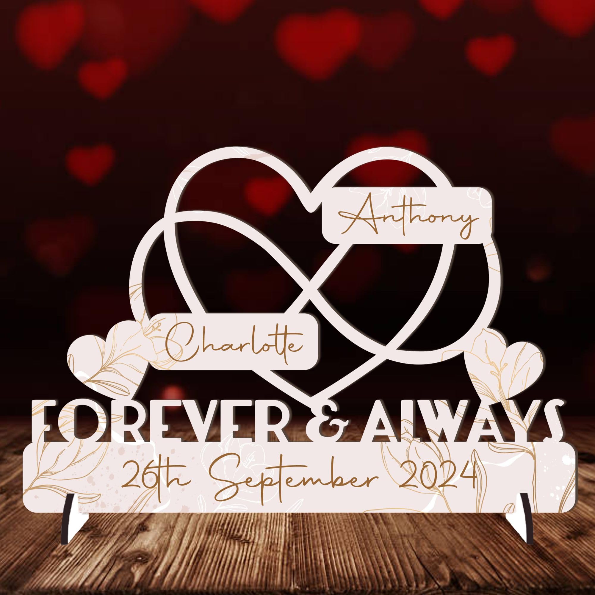 Personalised Forever & Always Infinity Heart Sign Wedding Anniversary Sign - Customised with Couple's Names and Marriage Date - Gift for Him, Her, and Couples - 20cm x 13cm (Beige Floral)