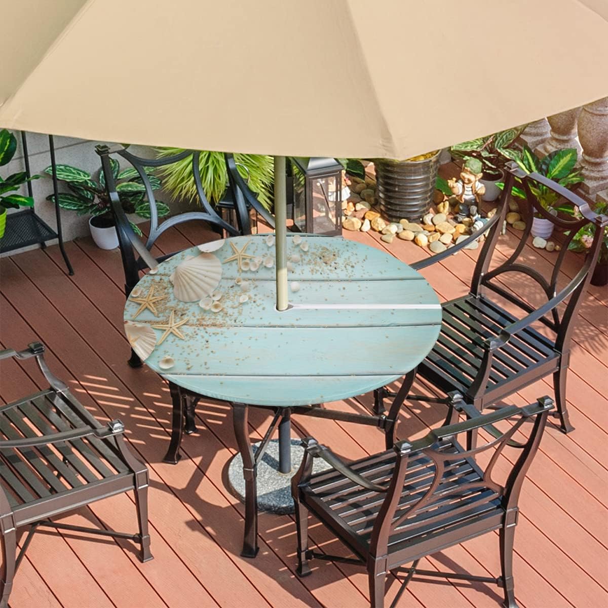 Bardic Wooden Seashell Round Outdoor Fitted Tablecloth with Umbrella Hole Zipper, Ocean Starfish Elastic Edged Table Cloth Waterproof Wipeable Table Cover for Patio Party Picnic, 45"-56"