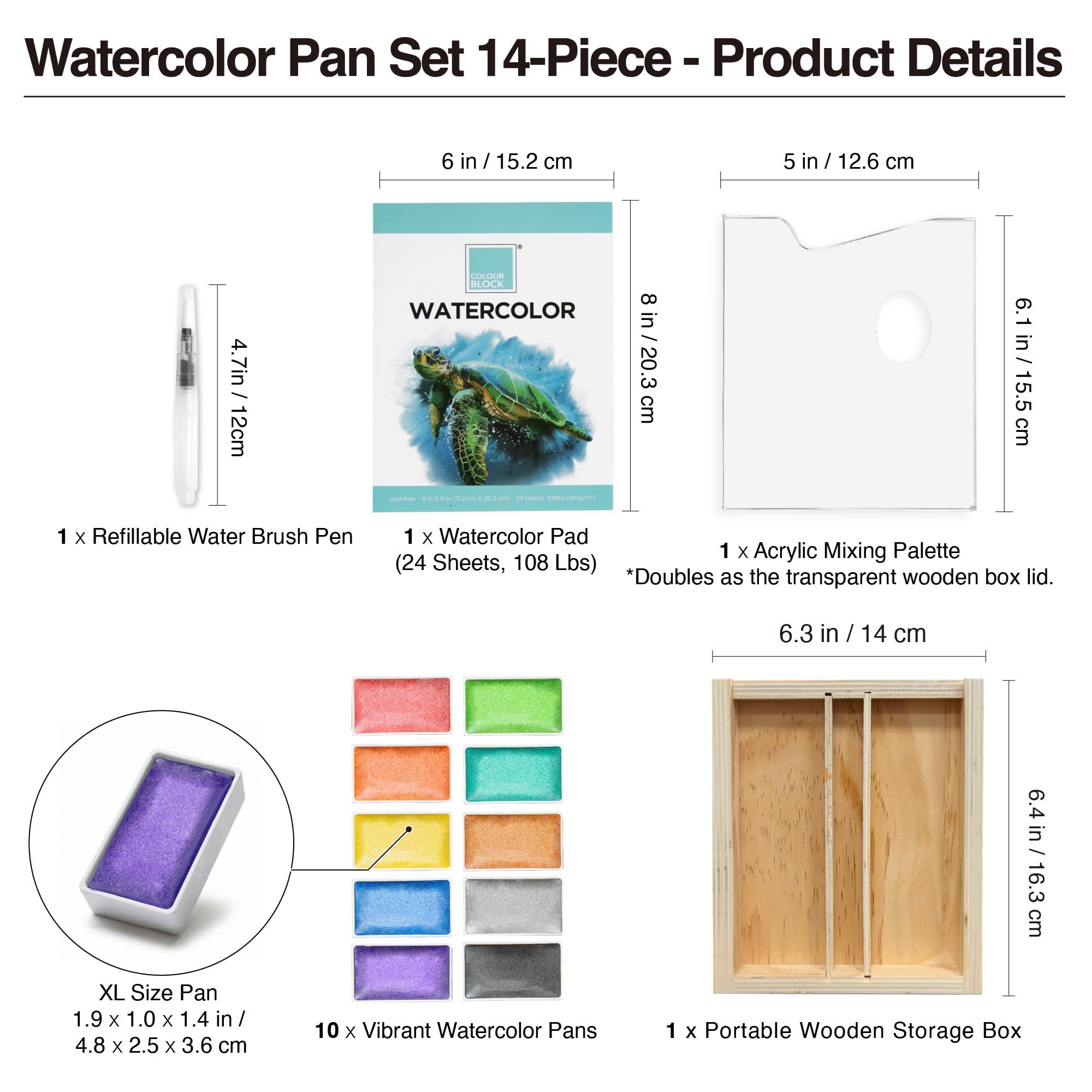 COLOUR BLOCK 14-teiliges Metallic-Aquarell-Pfannen-Set – 10 Metall-Pfannen, Pinselstift, Pad, Palette, Holzbox