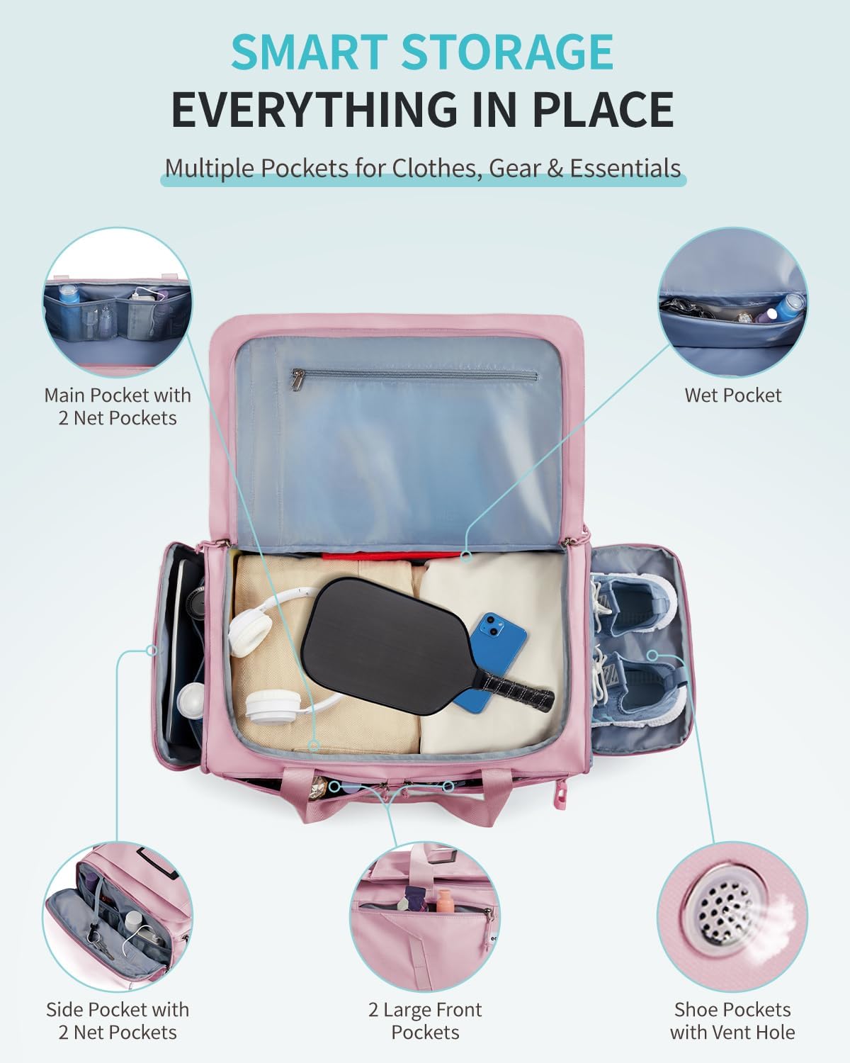 ECOHUB 40L Gym Bag for Women Men Water Resistant Sports Duffle Bag with Shoe Compartment & Wet Pocket, Travel Weekender Camping Backpack - Image 4