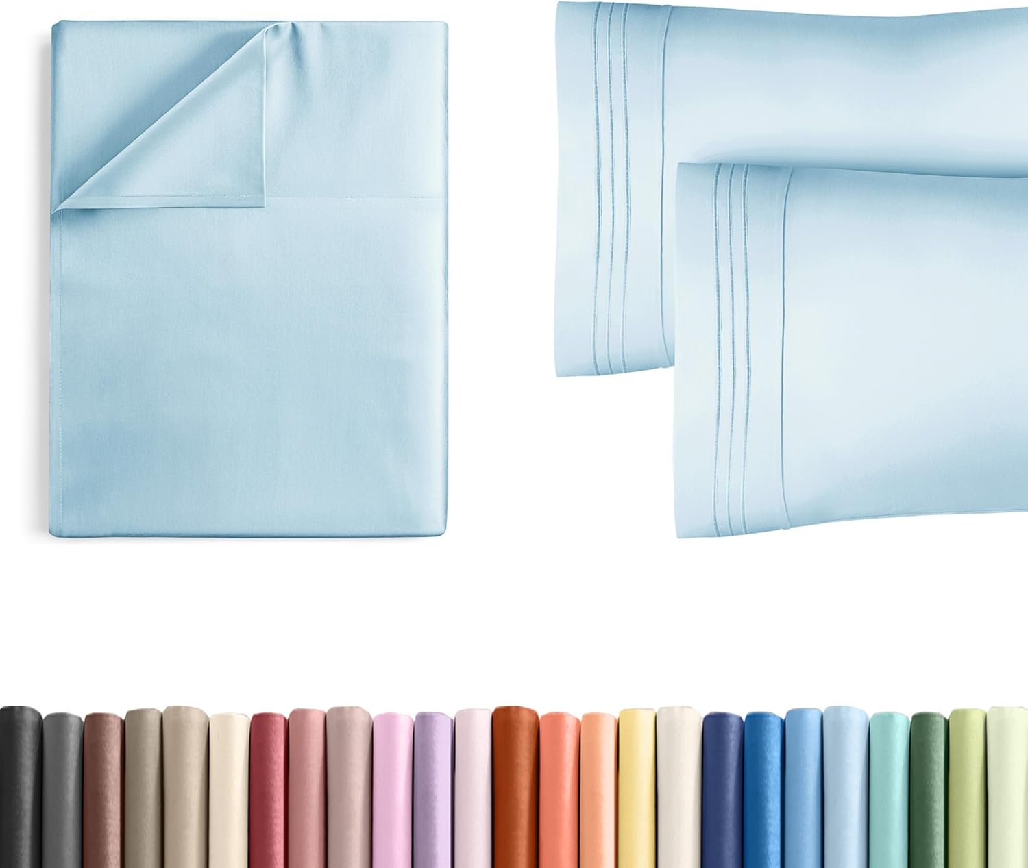 Cal King Size Flat Bed Sheet + 2 Pillowcases Bundle - Hotel Luxury Single Flat Bottom Sheet Only - Fits Mattresses with Deep Pockets between 8 to 16 inches - Breathable and Wrinkle Free - Light Blue