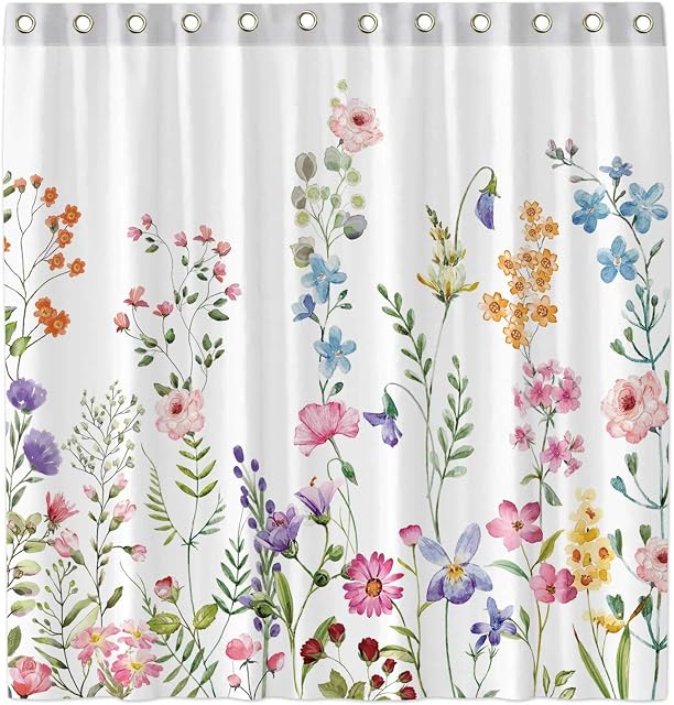 Allenjoy Watercolour Floral Colourful Flowers Plant Shower Curtain with 12 Hooks Sets for Bathroom Home Bathroom Bathtubs Decor Easy Care Washable Durable Polyester Fabric 72"x72"