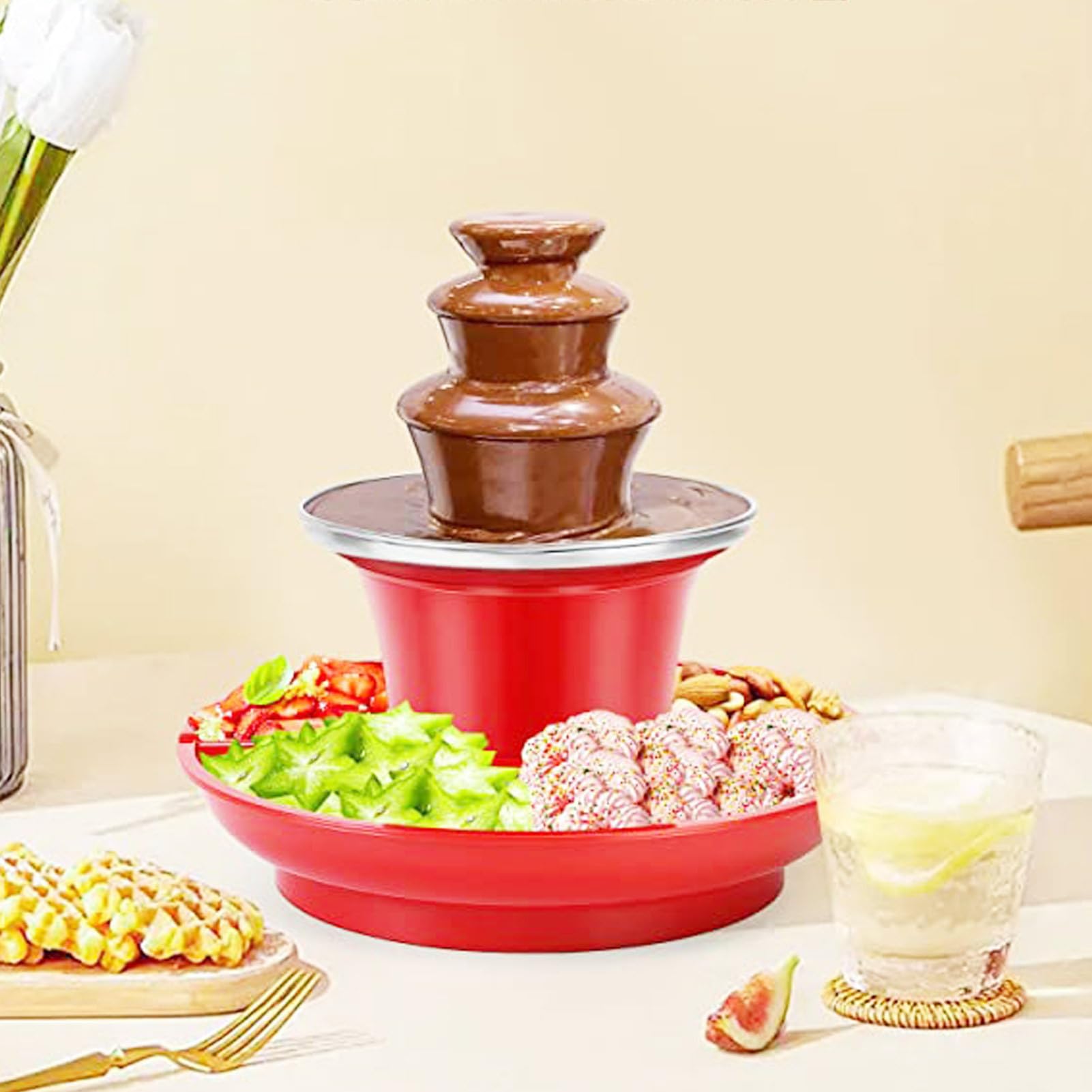 Fontana di cioccolato per feste, dispenser di cioccolato fuso - Torre di fusione automatica del a 3 livelli - Fontana per fonduta di in acciaio inossidabile da 24 cm, strumento d