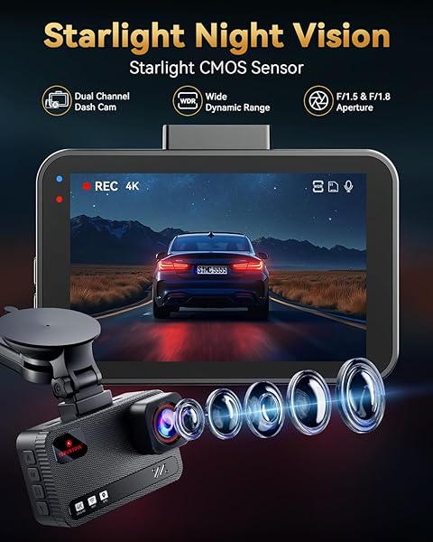 TERUNSOUl 4K+4K Dash Cam Front and Rear, Free 128GB Card Included, 5.8GHz WiFi Dash Camera for Cars, Built-in GPS, G-Sensor, 170°Wide Angle, 3" IPS Screen, 24H Parking Mode, Support 512GB Max - 3