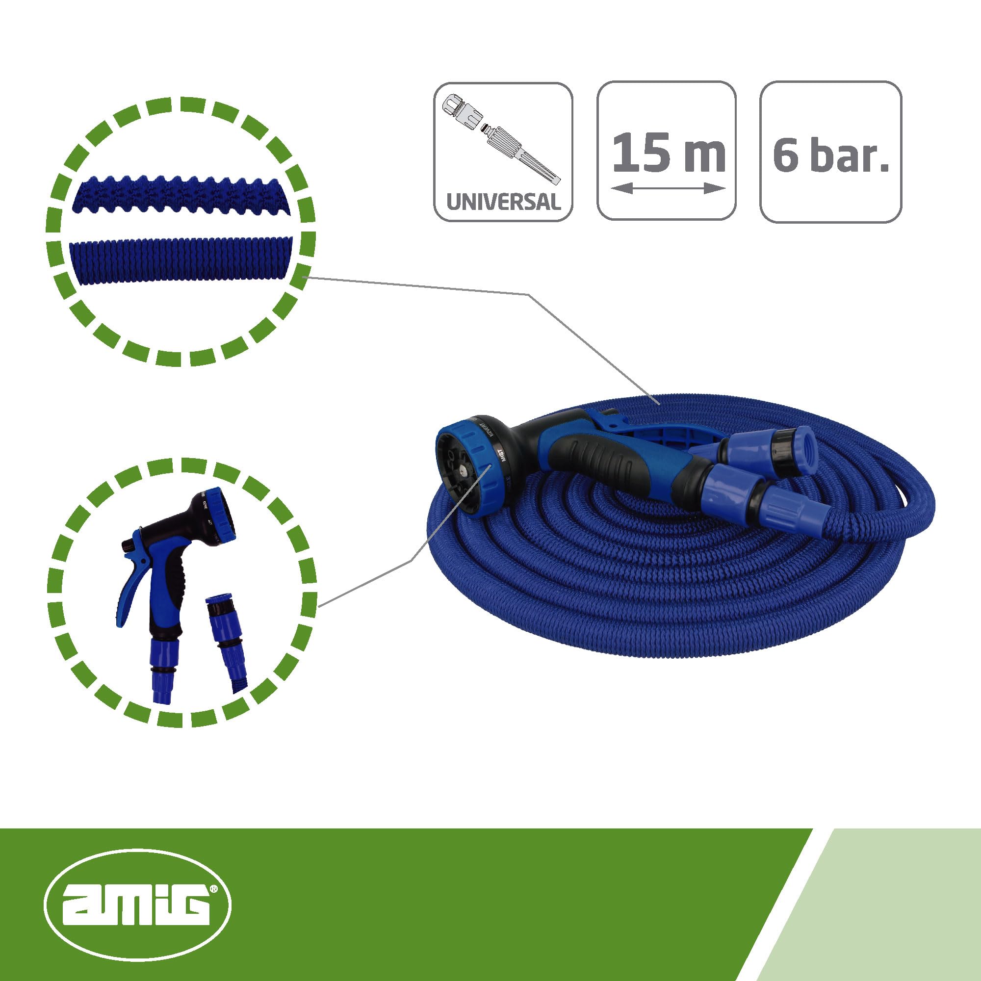Amig - Erweiterbarer Schlauch | 15 Meter | Inklusive Zubehör und Bewässerungspistole mit 9 Funktionen | Unterstützt bis zu 6 bar. des Drucks | Farbe Blau | Doppelter Latex