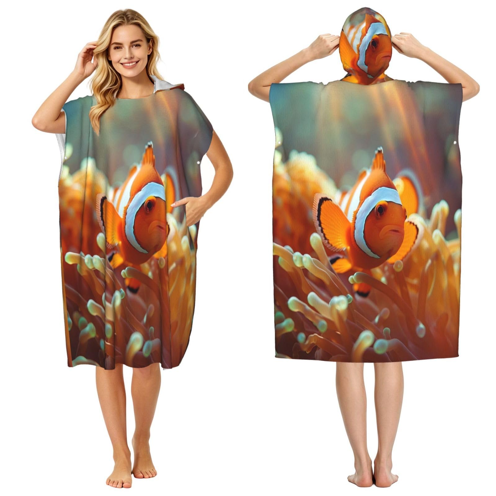 KLGRTJHK Clownfish Adult Hooded Beach Poncho Towel 43"X35"