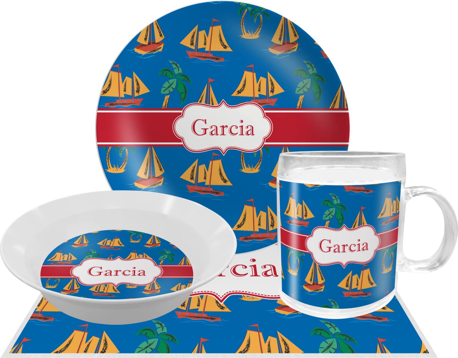 Personalized Boats & Palm Trees Melamine Bowl - 12 oz