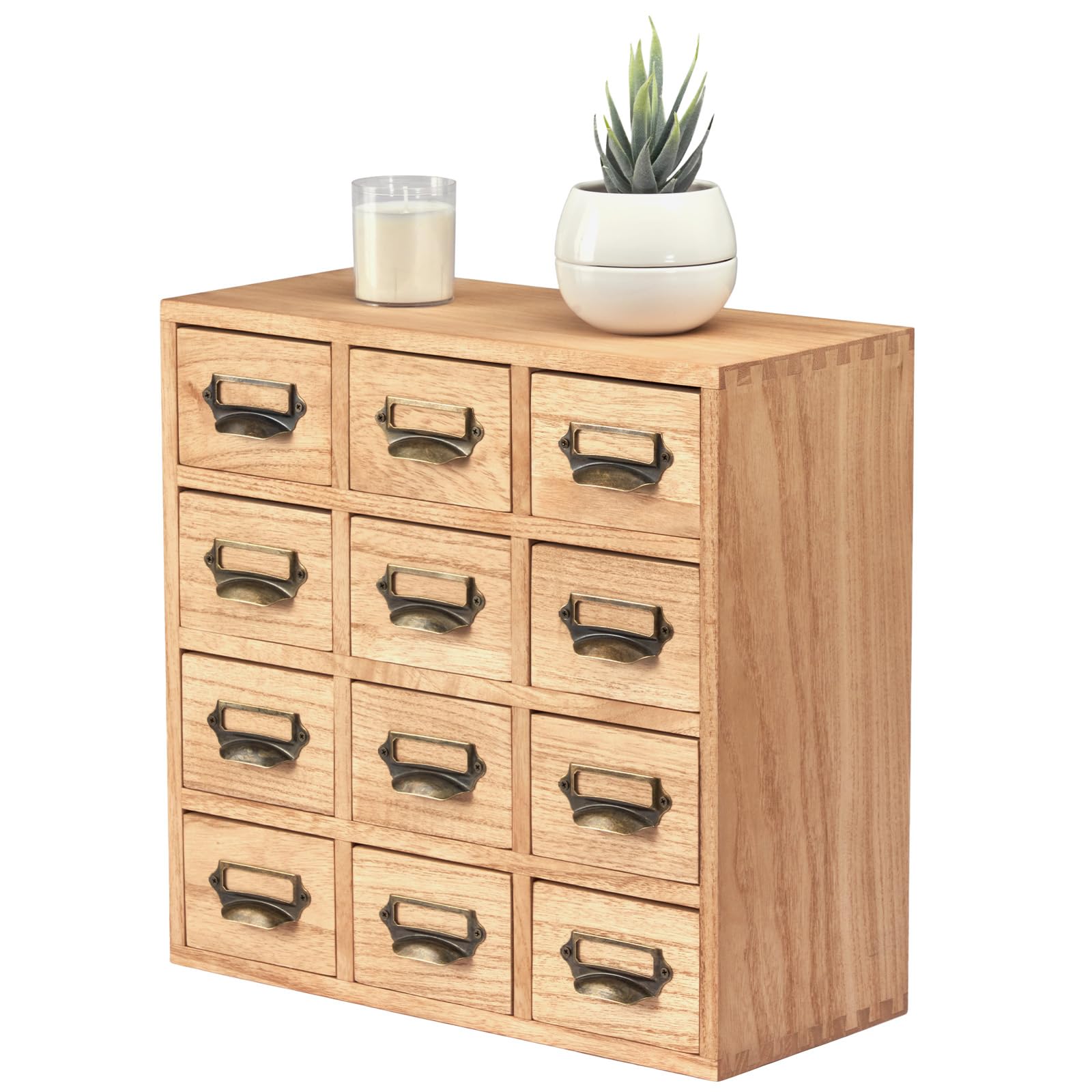 KIRIGEN Schubladenbox aus Paulownia-Holz, 12 Schubladen, Mini-Kommode mit Metallgriffen, Schreibtisch-Organizer für Kleinteile, Büro und Zuhause, 37,5 x 37 x 18,5 cm, Natur